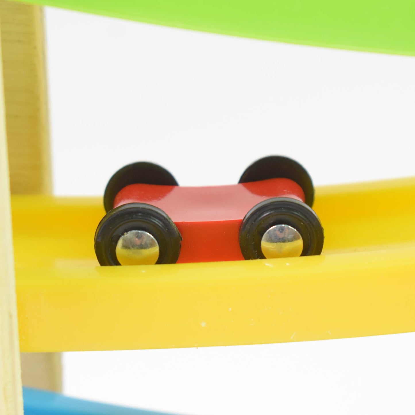 wooden car racer track play set with 4 mini cars for toddlers, click clack racing toy with wooden ramp for kids,