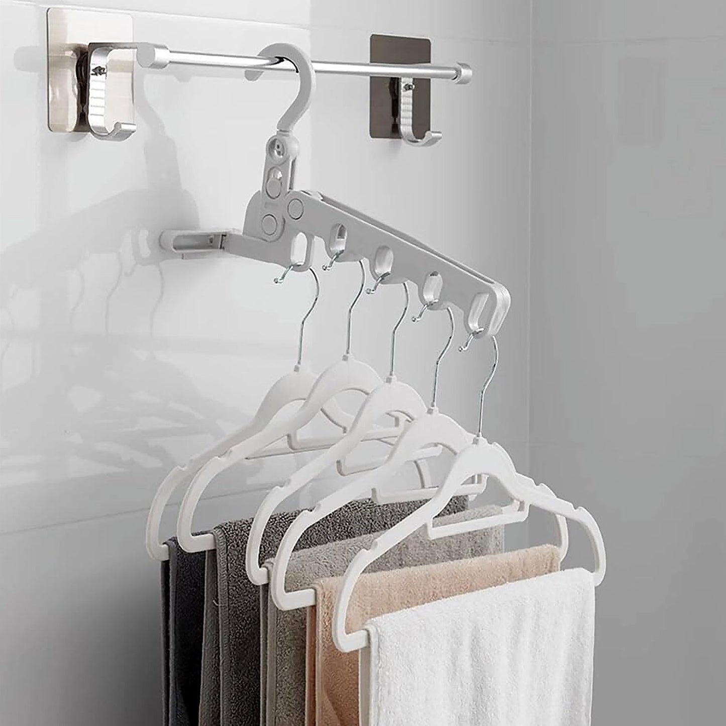5 slot plastic hanger for organized clothing, best foldable travel hangers in India, multi-purpose hanger for Indian wardrobes, clothes organizer hanger for compact spaces, portable hanger for shirts sarees and pants,