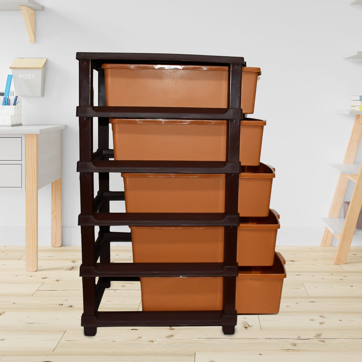 plastic home organizer, modular rack for storage, 5-tier plastic shelf, plastic storage unit for kitchen, multi-use plastic shelf,