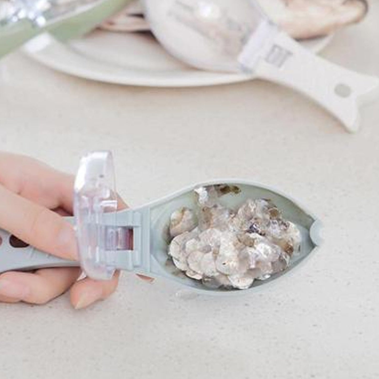 Kitchen tool for cleaning fish scales with ease. fish scale scraper tool, fish descaler with lid, kitchen fish cleaning tool, fish scale remover scraper, plastic fish scaler, fish skin peeler, fish scale collector