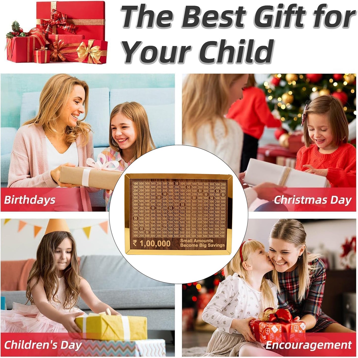 wooden piggy bank, money box for savings India, savings challenge box with goal tracker, piggy bank for kids and adults