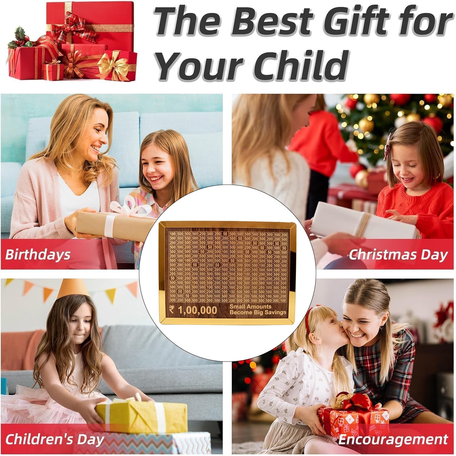 wooden piggy bank, money box for savings India, savings challenge box with goal tracker, piggy bank for kids and adults