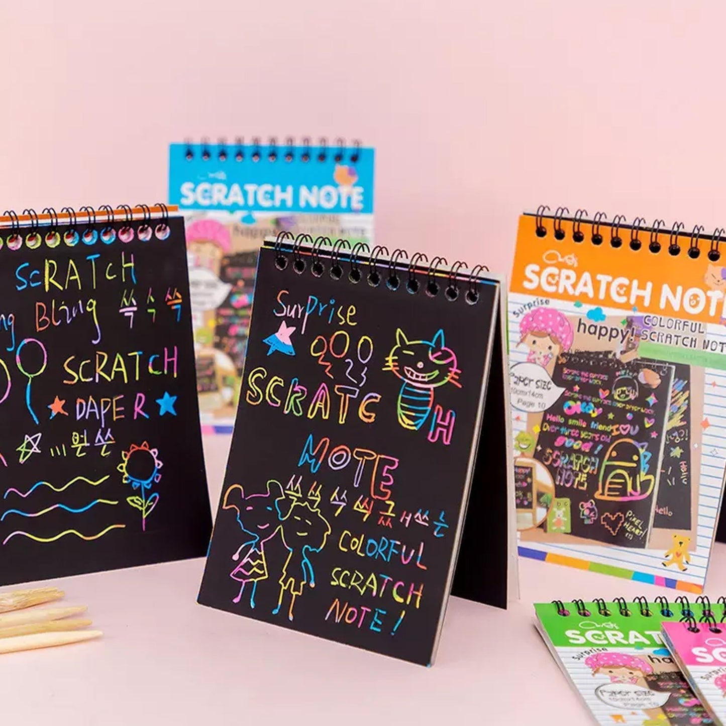 rainbow scratch paper, scratch art book for kids, scratch doodle pad, scratch paper with bamboo stick, kids craft paper, colourful art sheet, return gift