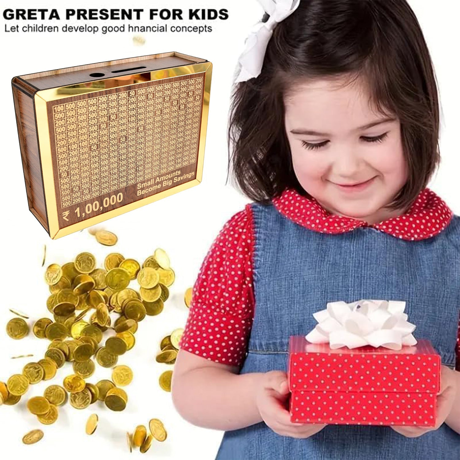 wooden coin bank with tracker, money box for home décor, savings jar for budget planning, best piggy bank online India,