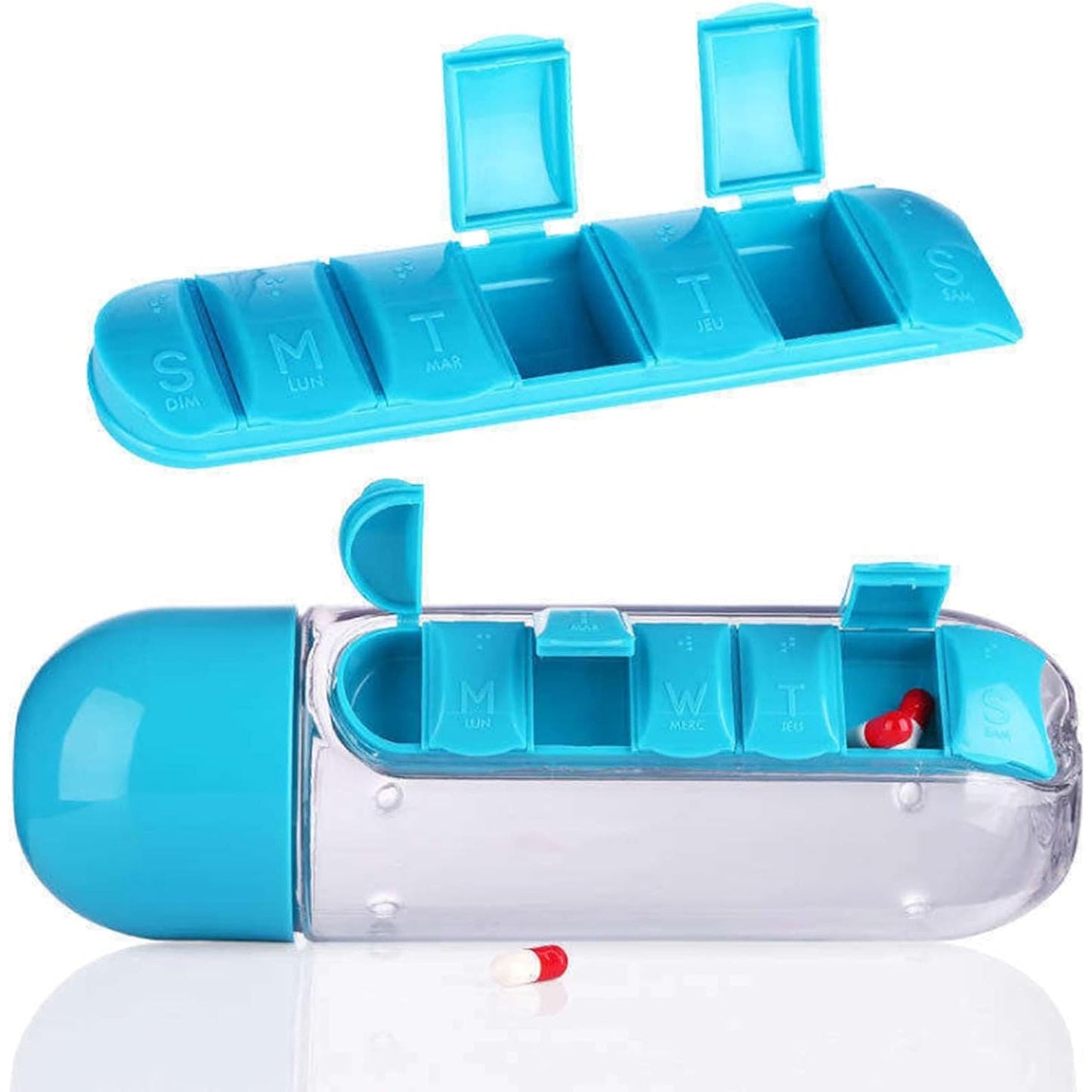 colorful travel bottle with built-in pill organizer, water bottle with 7-day pill compartment, medicine water bottle for daily supplements, multifunctional pill storage water bottle for home and travel