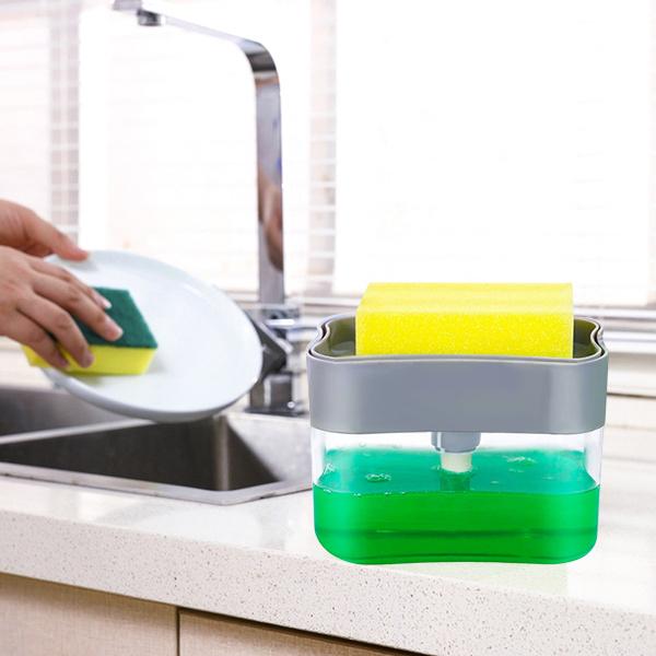 Soap dispenser with durable design and sponge holder. kitchen soap dispenser, sponge holder, 2-in-1 soap caddy, dishwashing soap pump, sink soap dispenser, soap dispenser with tray, kitchen sink organizer