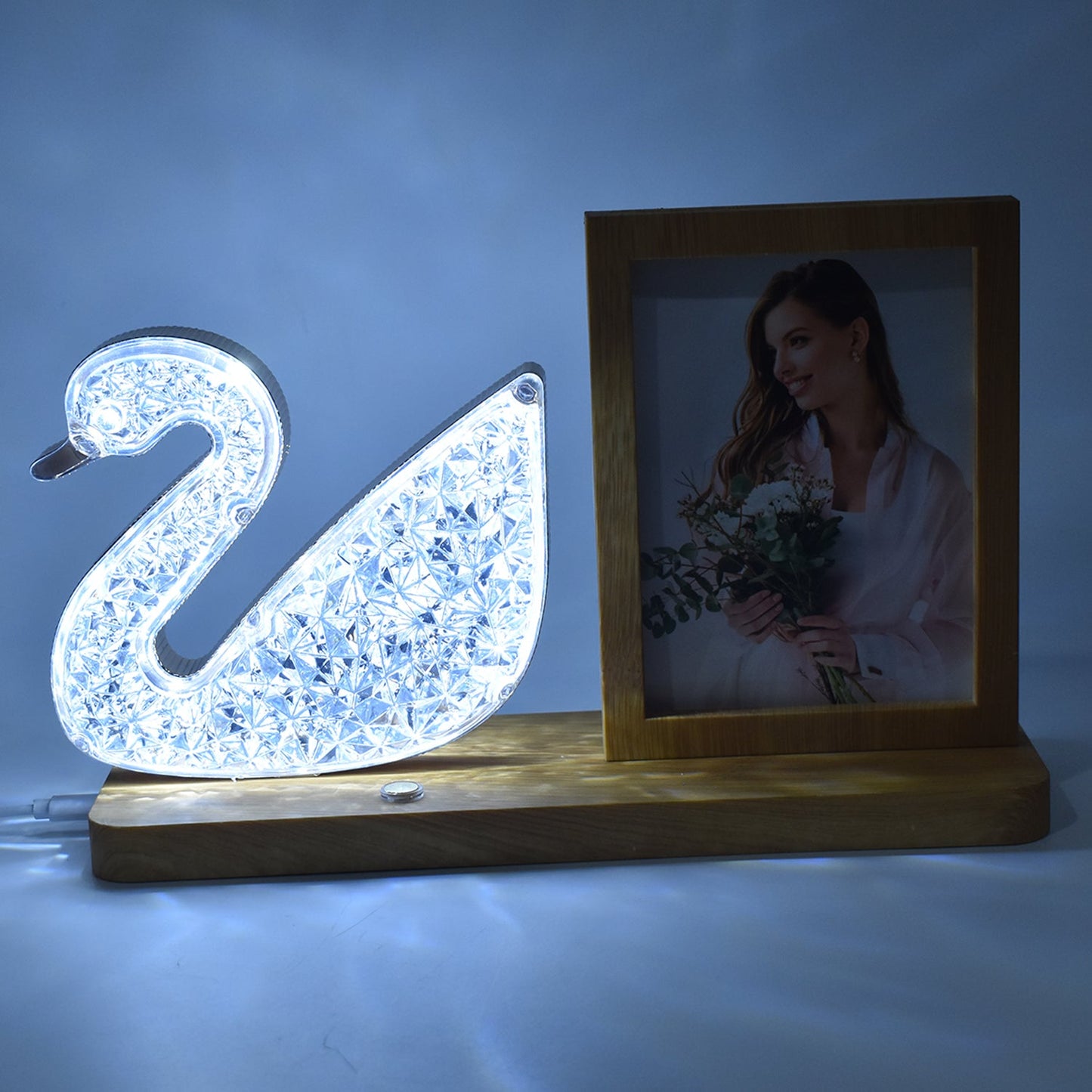 romantic duck shape crystal LED lamp with photo frame for couples, best night lamp gift for love couples in India, LED photo frame lamp for bedroom decoration, romantic couple night light for bedroom and gifting, duck-shaped LED light with crystal finish and photo slot,