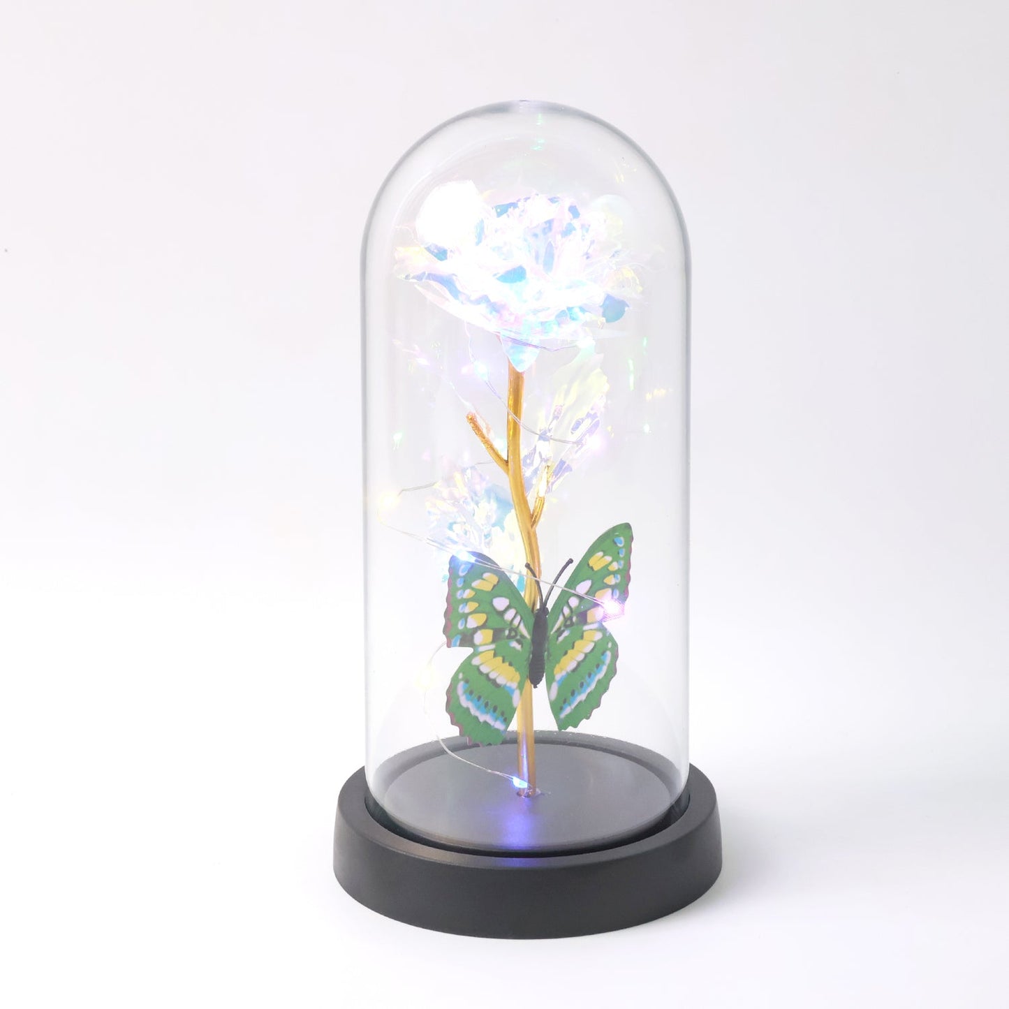 eternal rose in glass dome, led rose lamp India, battery operated rose light, decorative dome lamp with rose, romantic rose light with butterfly, led gift lamp for anniversary, rose light for bedroom decoration, valentine gift rose lamp, eternal rose lamp with fairy lights,