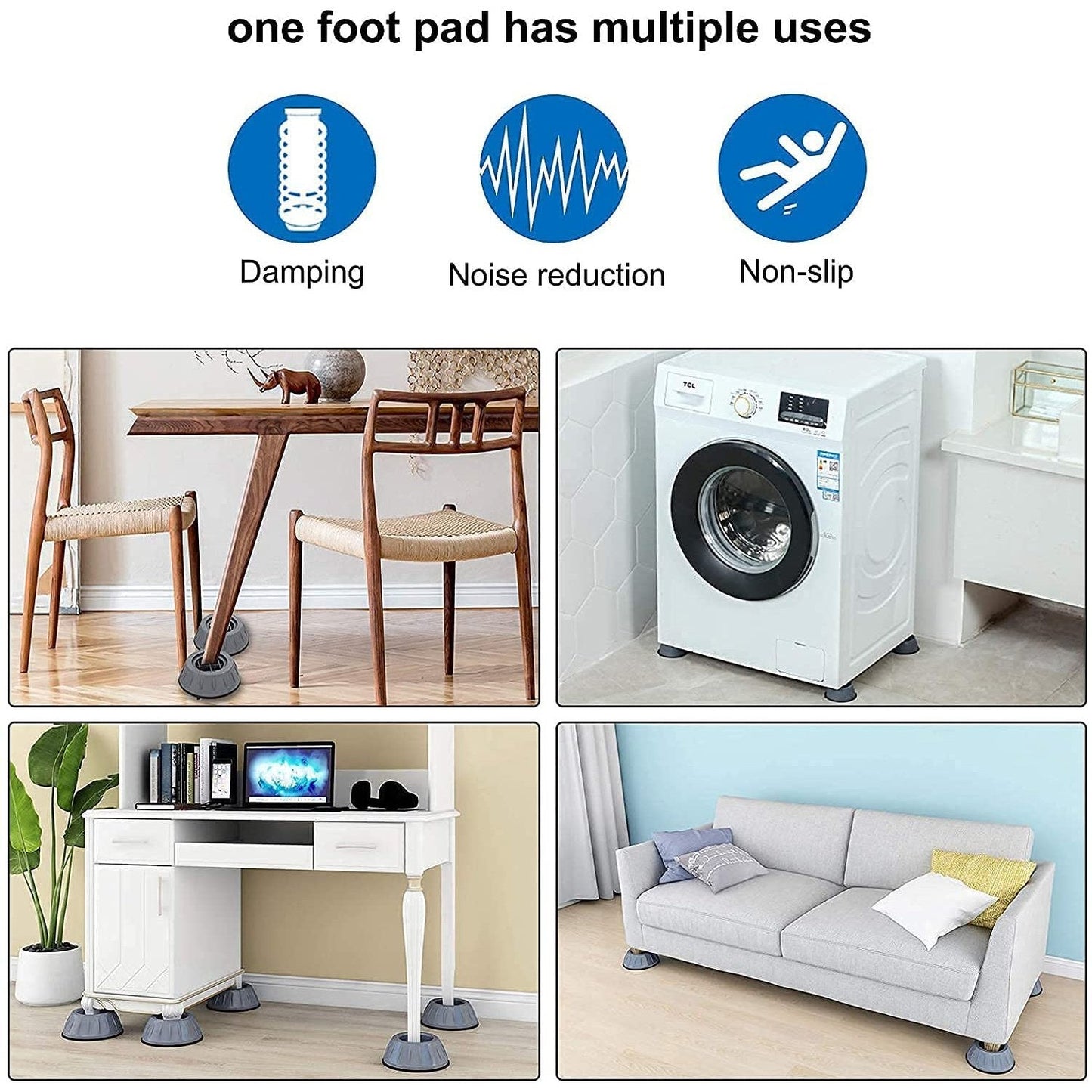 Suction cup anti vibration pads for quiet operation. washing machine anti vibration pad, shock absorber washer pad, anti-slip appliance pad, furniture stabilizer support, noise cancelling dryer foot pad