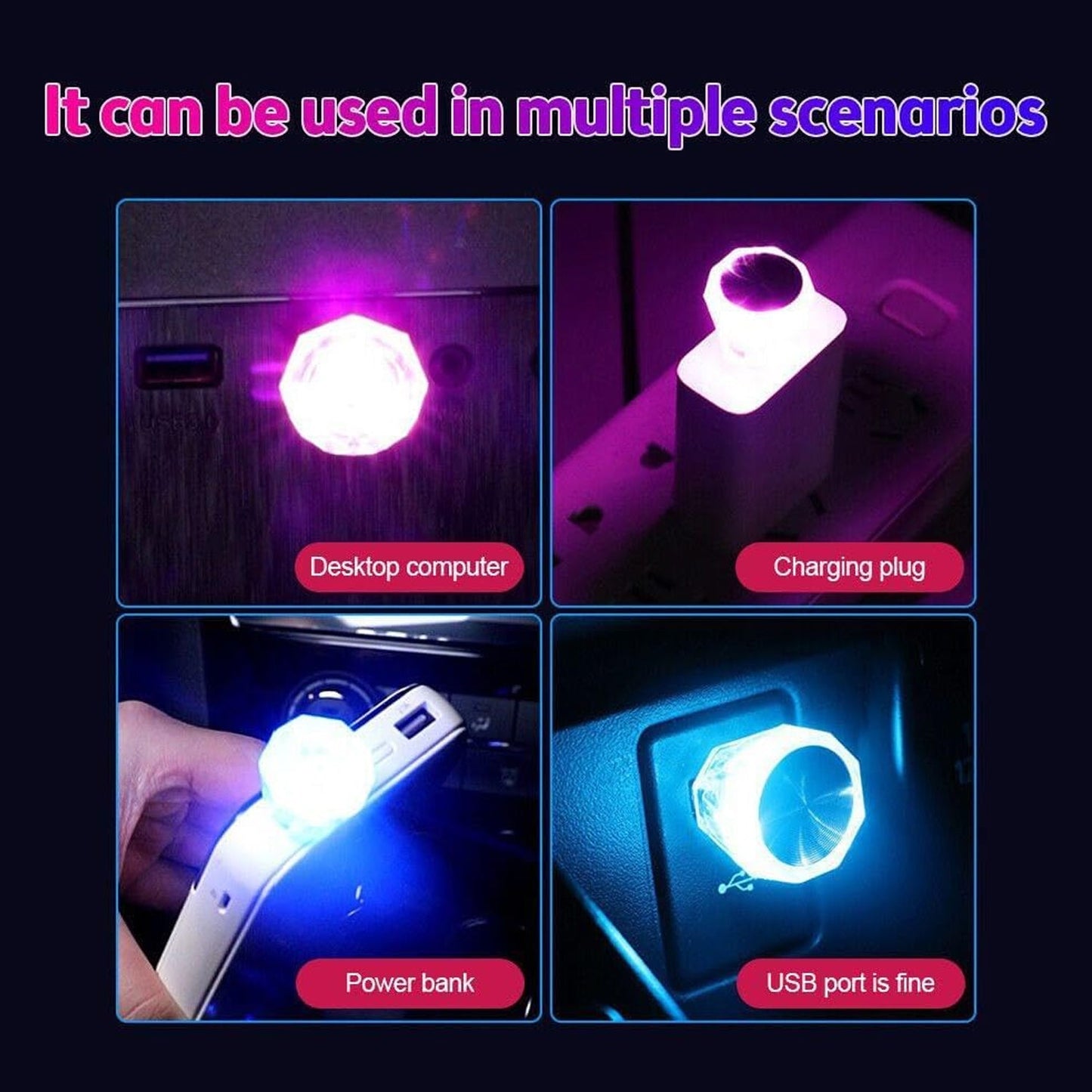 Close-up of diamond shape USB LED light, multi-color. mini USB LED light, diamond car LED light, white USB night lamp, car interior light, home decor USB lamp, portable USB LED light