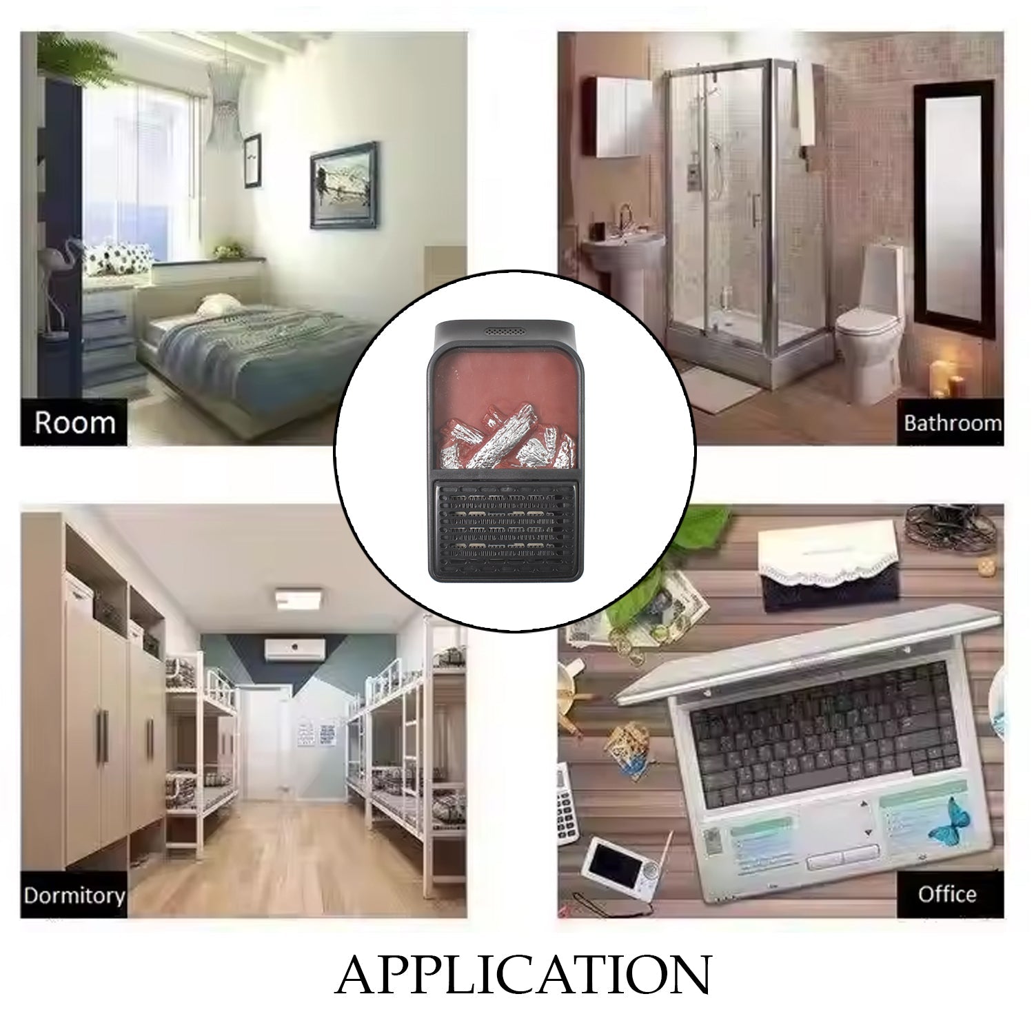 decorative room heater with LED flames, small electric fireplace lamp for office, heater with fireplace look and LED lights,