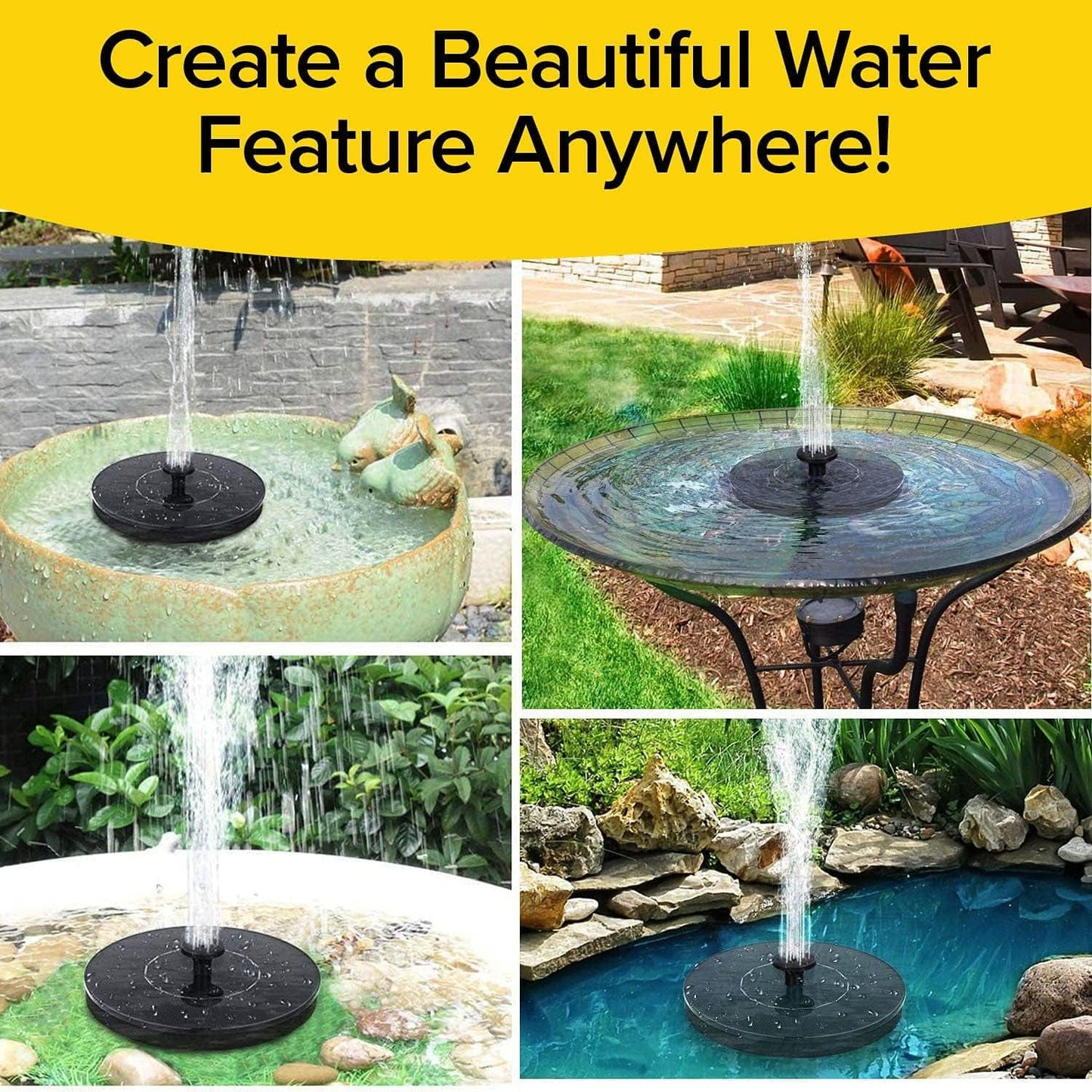 solar panel fountain pump for small water features, solar fountain with multiple spray options India, outdoor garden water fountain solar operated, solar birdbath fountain pump with different nozzles,