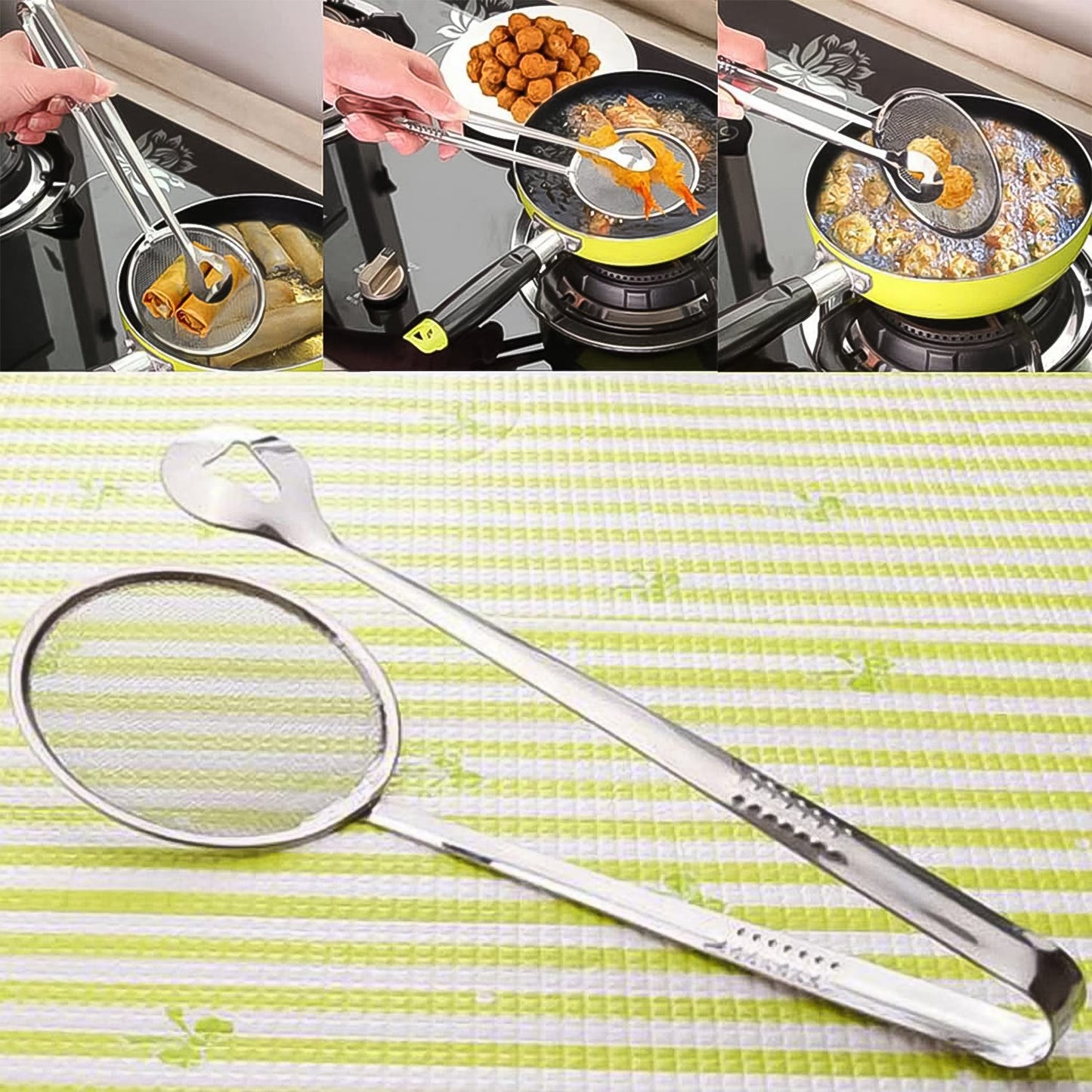 2 in 1 fry tool, stainless steel strainer spoon, cooking tongs with clip, oil filter spoon, BBQ tongs, multi-functional kitchen tool, frying strainer, mesh spoon for frying, food lifter with strainer, stainless steel kitchen tong, Indian kitchen fry tool