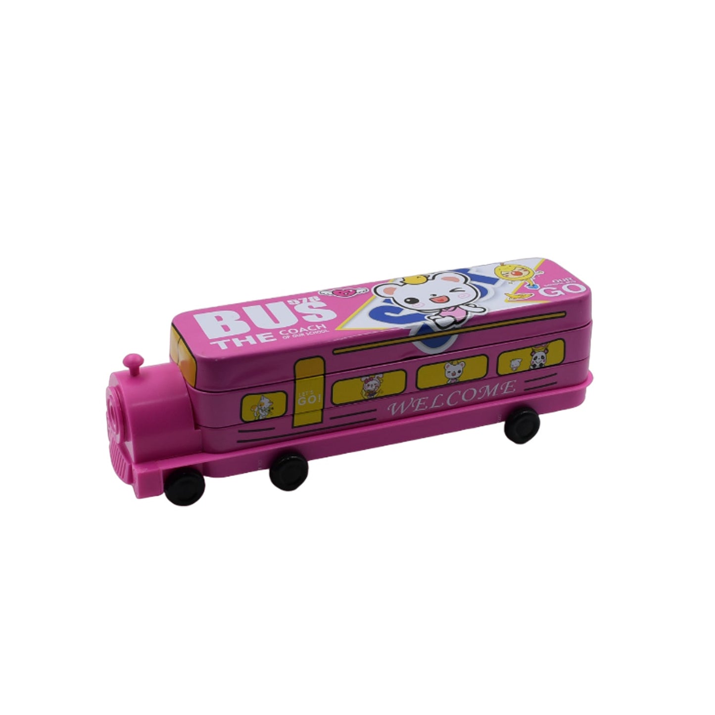 Bus-shaped pencil box with wheels, sharpener included. bus shape compass box, metal pencil case for kids, 2 layer kids compass box, sharpener pencil box, double decker bus stationery box, kids birthday gift