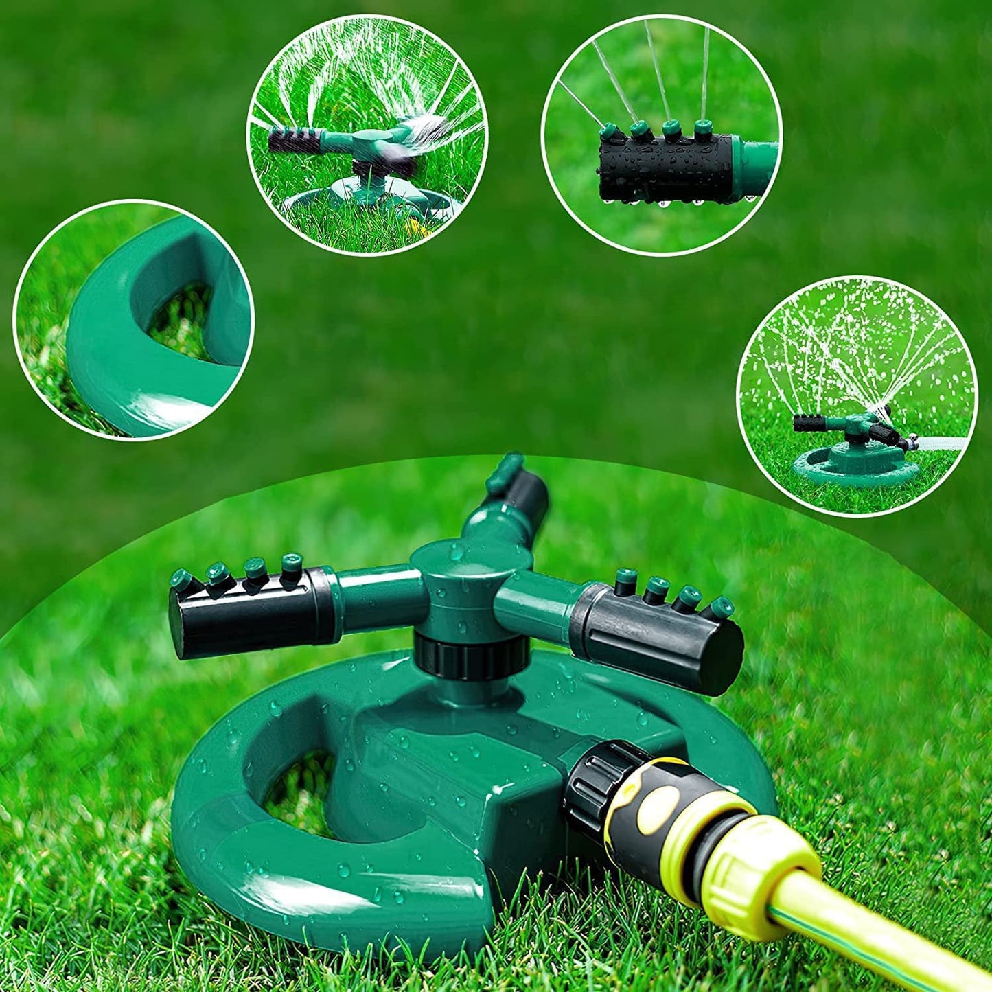 360 degree garden sprinkler, rotating lawn sprinkler, 3 arm water sprinkler, automatic garden sprayer, irrigation tool, hose pipe sprinkler, ABS lawn sprinkler, summer water play tool, yard watering system, flowerbed irrigation sprinkler