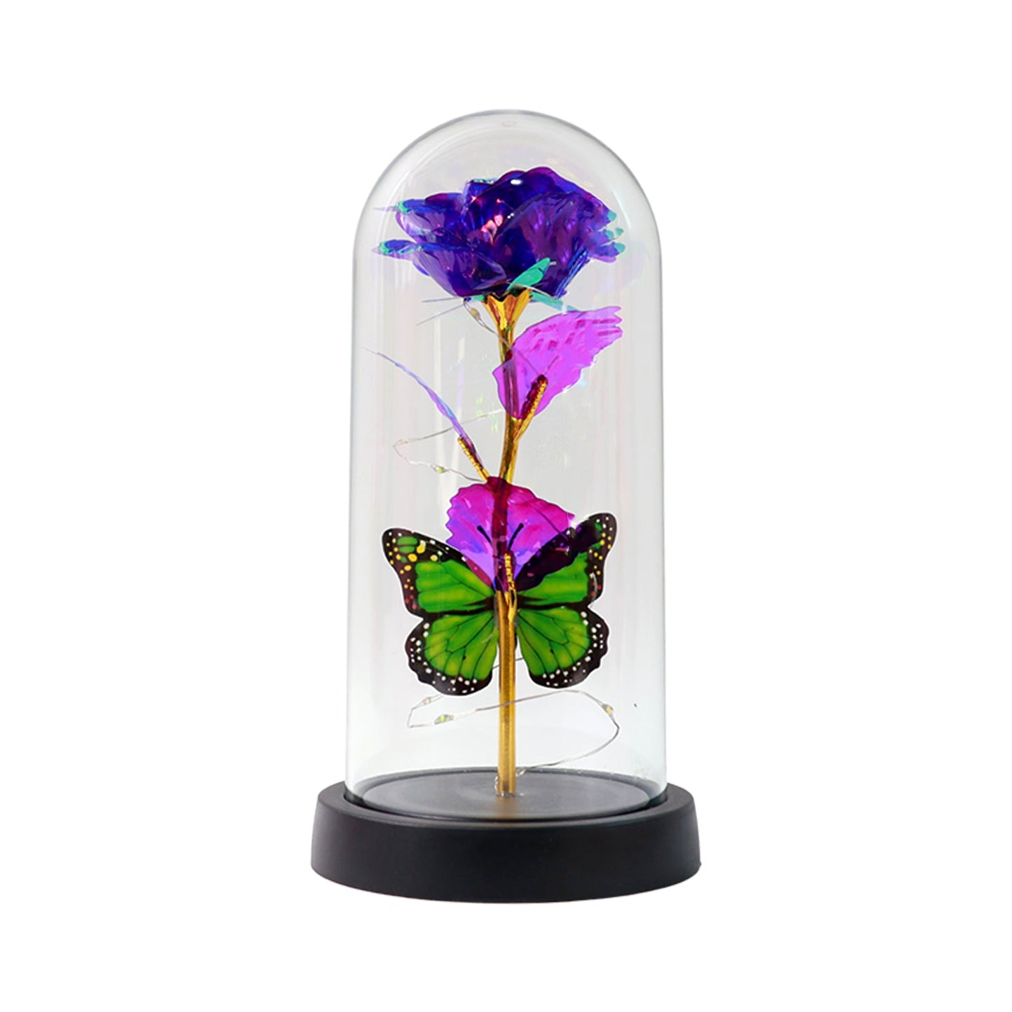 decorative preserved rose night lamp for love occasions, floral night light with fairy LEDs in glass dome, romantic LED rose lamp for anniversary and birthday gift, dome night lamp with preserved rose for aesthetic home decor, LED flower lamp with butterflies for romantic gifting