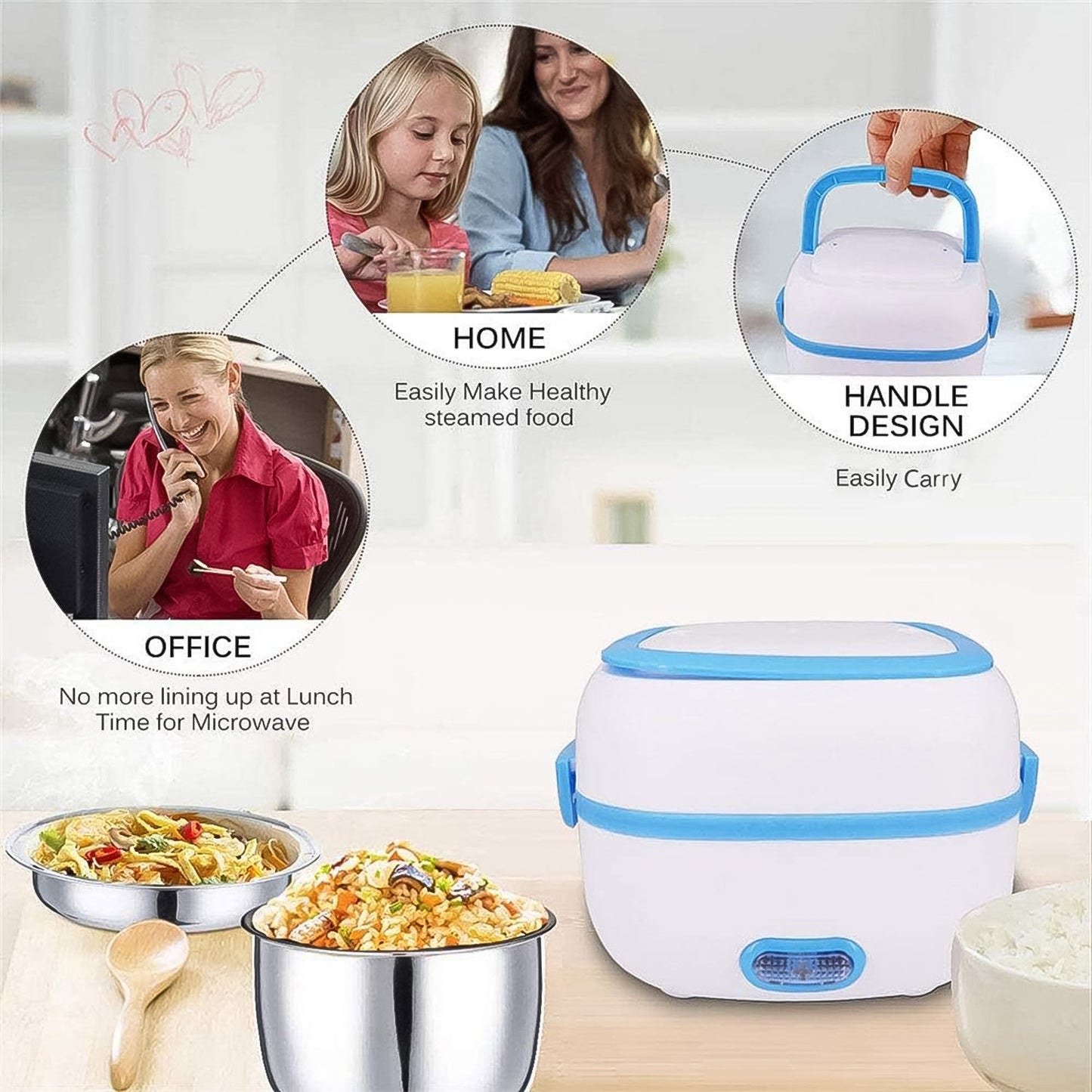 hot food lunch box for students and professionals, travel-friendly electric lunch box for warm meals, 3 in 1 electric tiffin for cooking heating and storing, lunch box with food warming and steaming function, compact electric food heater for daily lunch