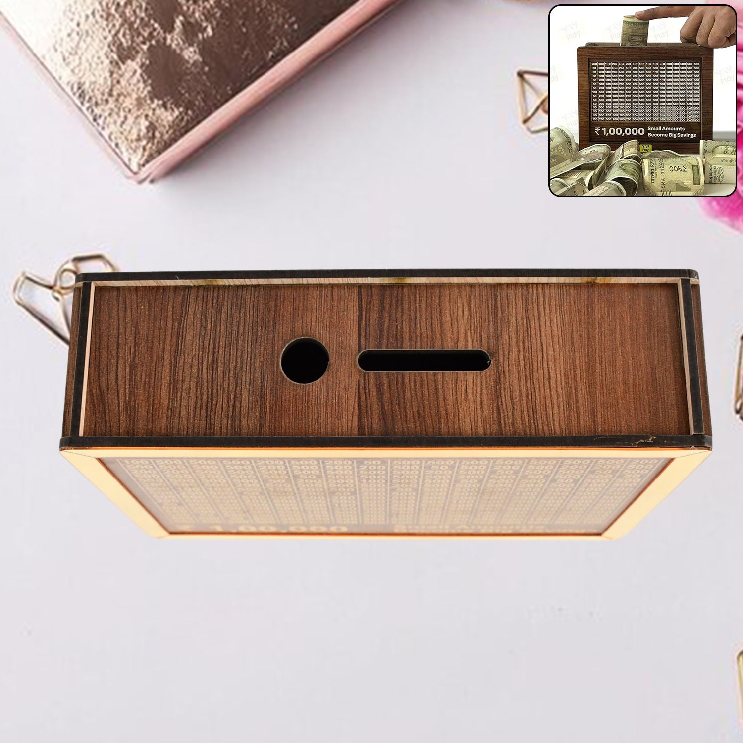 motivational money box, wooden coin saving box with display, return gift money bank, budget tracker piggy bank,