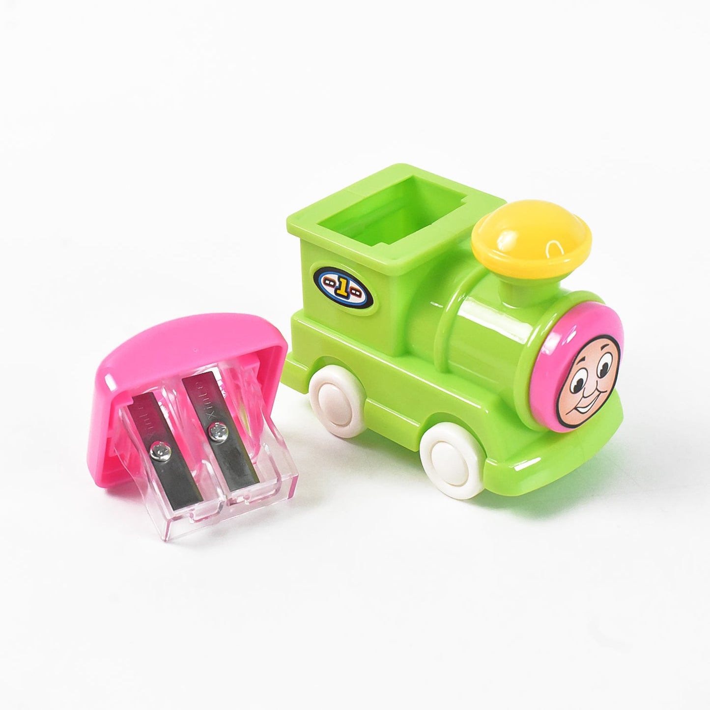 pencil sharpener set of 2, cute sharpener for school use, cartoon train stationery sharpener, return gift pencil sharpener, school supplies for kids online India, dual hole sharpener for students,