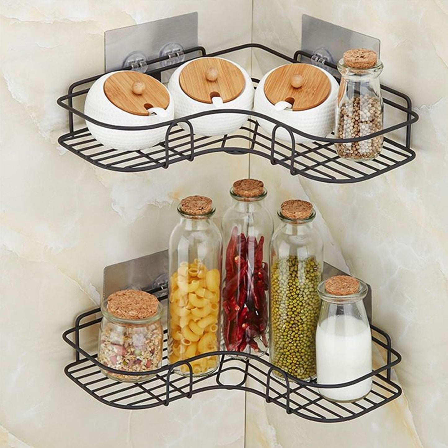 Easy-install corner rack for kitchen storage. stainless steel bathroom shelf, self adhesive corner rack, wall mount storage rack, waterproof shower shelf, kitchen organizer shelf, no drill wall shelf