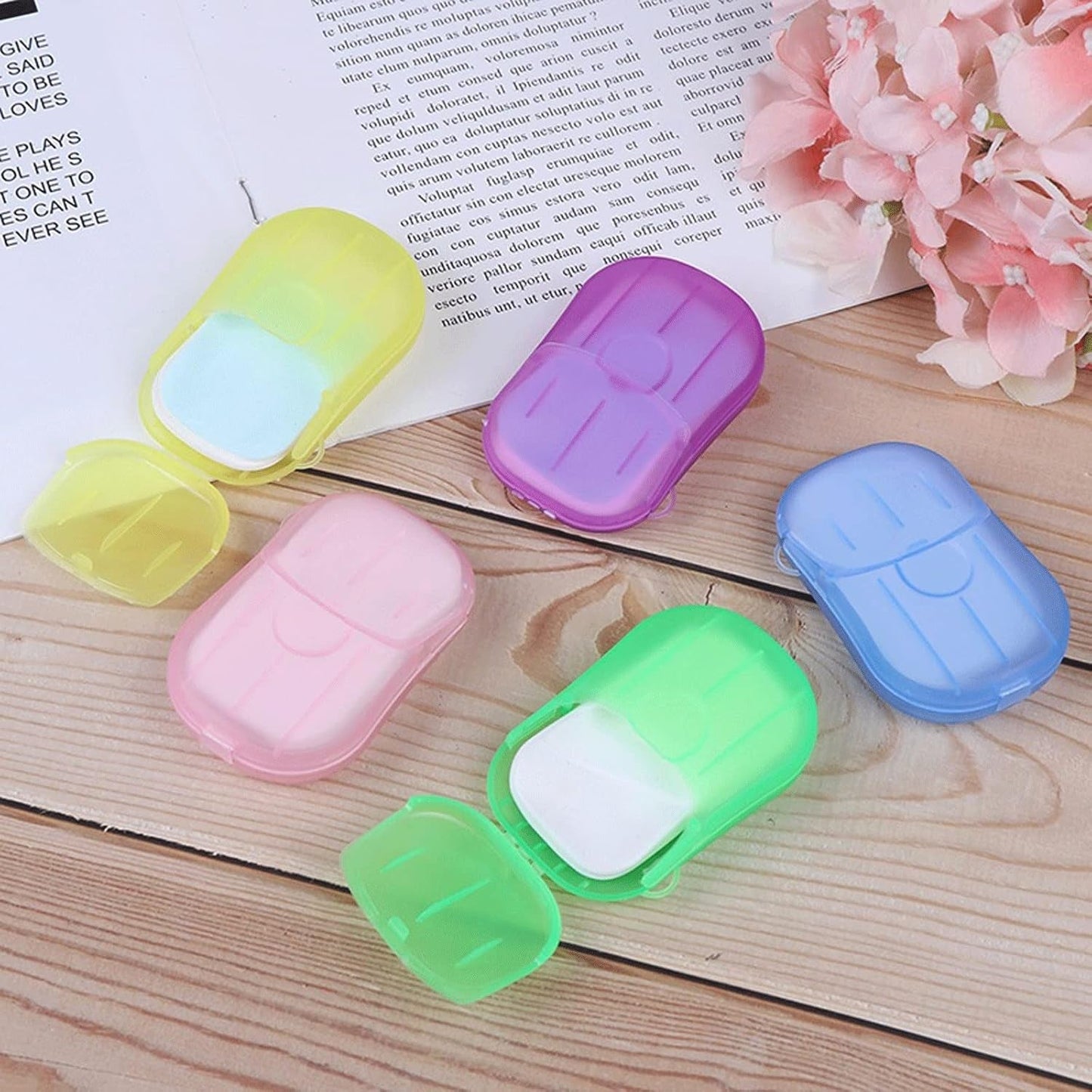 colorful soap sheets for hygiene safety, travel soap paper with plastic case, compact handwashing paper soap sheets