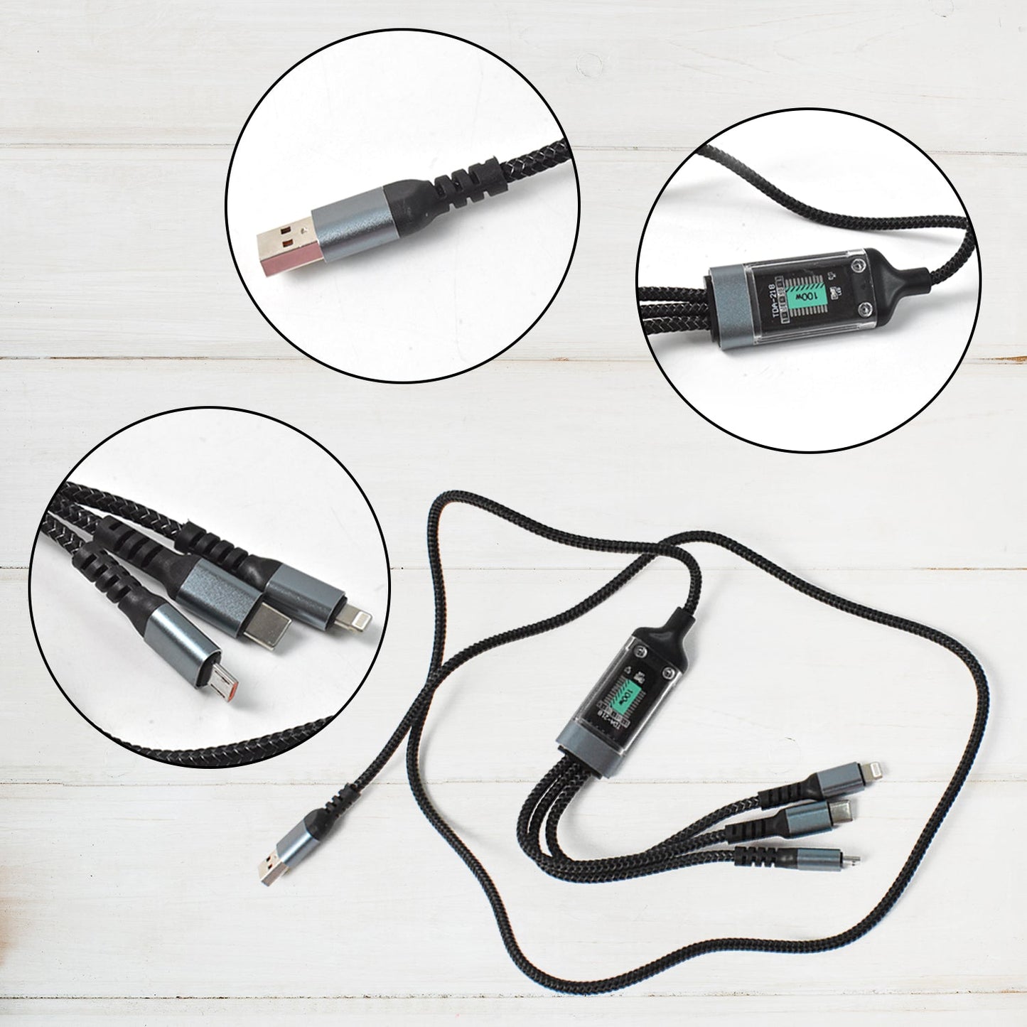 nylon braided 3‑in‑1 USB C Lightning Micro charger India, LED indicator fast charge 3‑in‑1 cable 1.2 m
