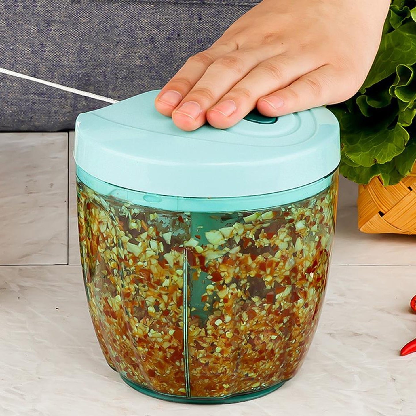 Hand-held vegetable slicer with 5 sharp stainless steel blades, manual food chopper, dori chopper for vegetables, pull cord vegetable cutter, onion chopper manual, fruit and nut chopper, kitchen blender mixer, manual food processor