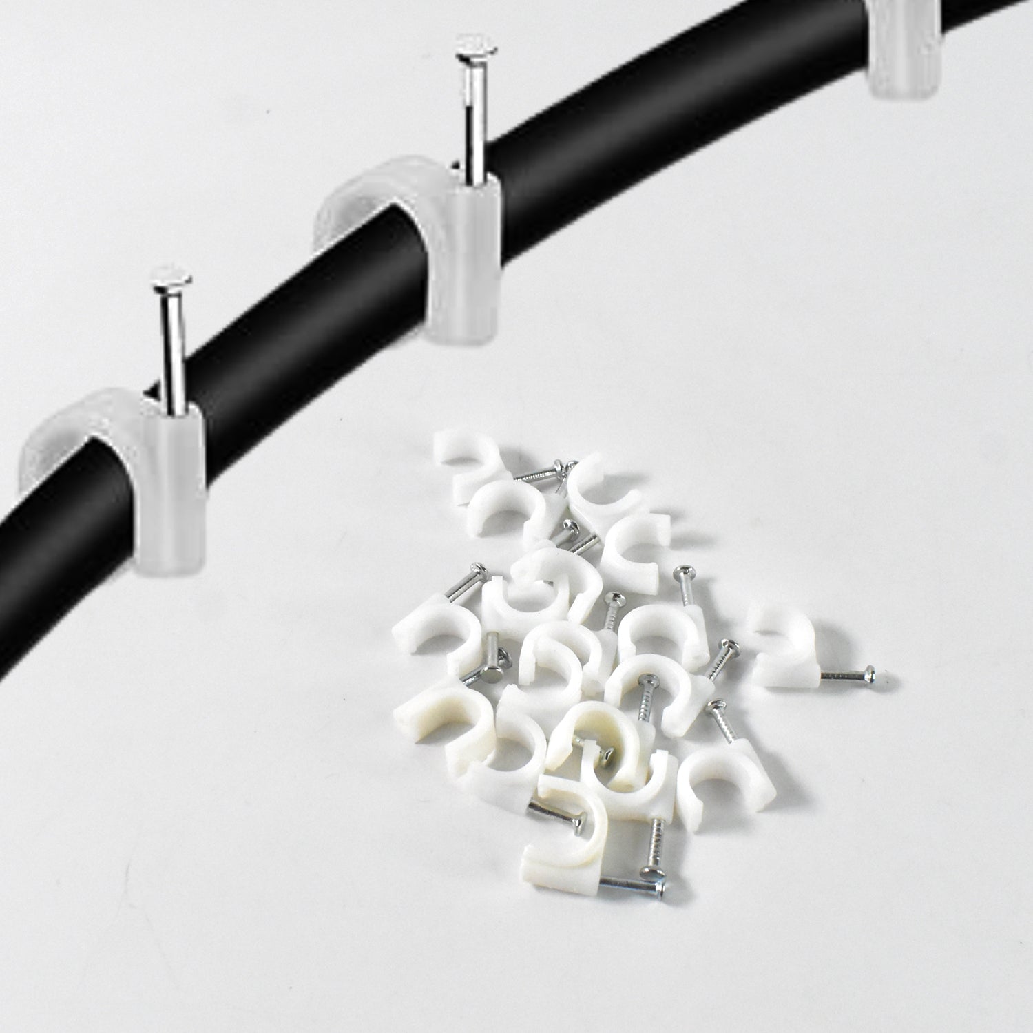 best plastic cable clips with steel nail for wire management in India, 40 piece round wire clips for home and office cable setup, nail-in wire holder clips for clean wall installation, strong and durable cable clips for organizing wires and cords,