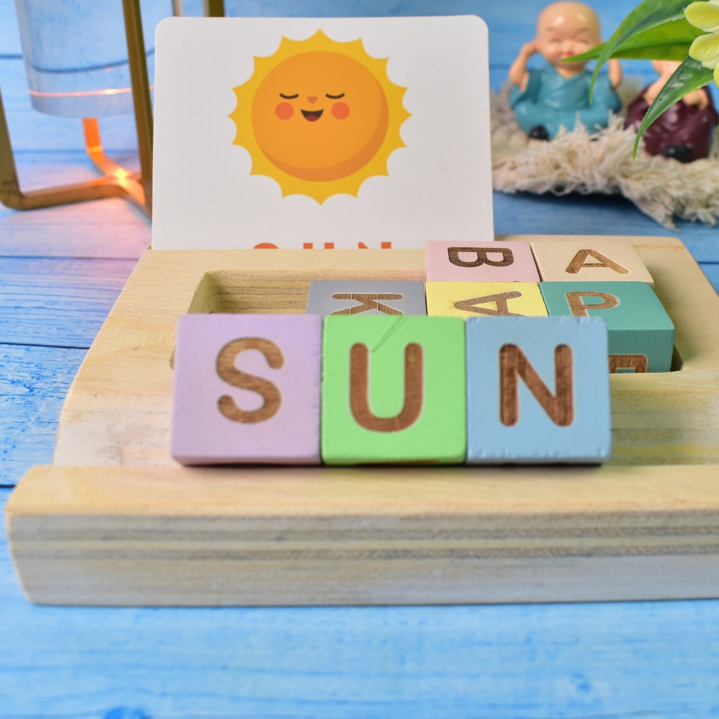 kids alphabet learning toy, wooden spelling blocks, flash cards for kids learning, ABC puzzle for toddlers, reading toys for kids India,