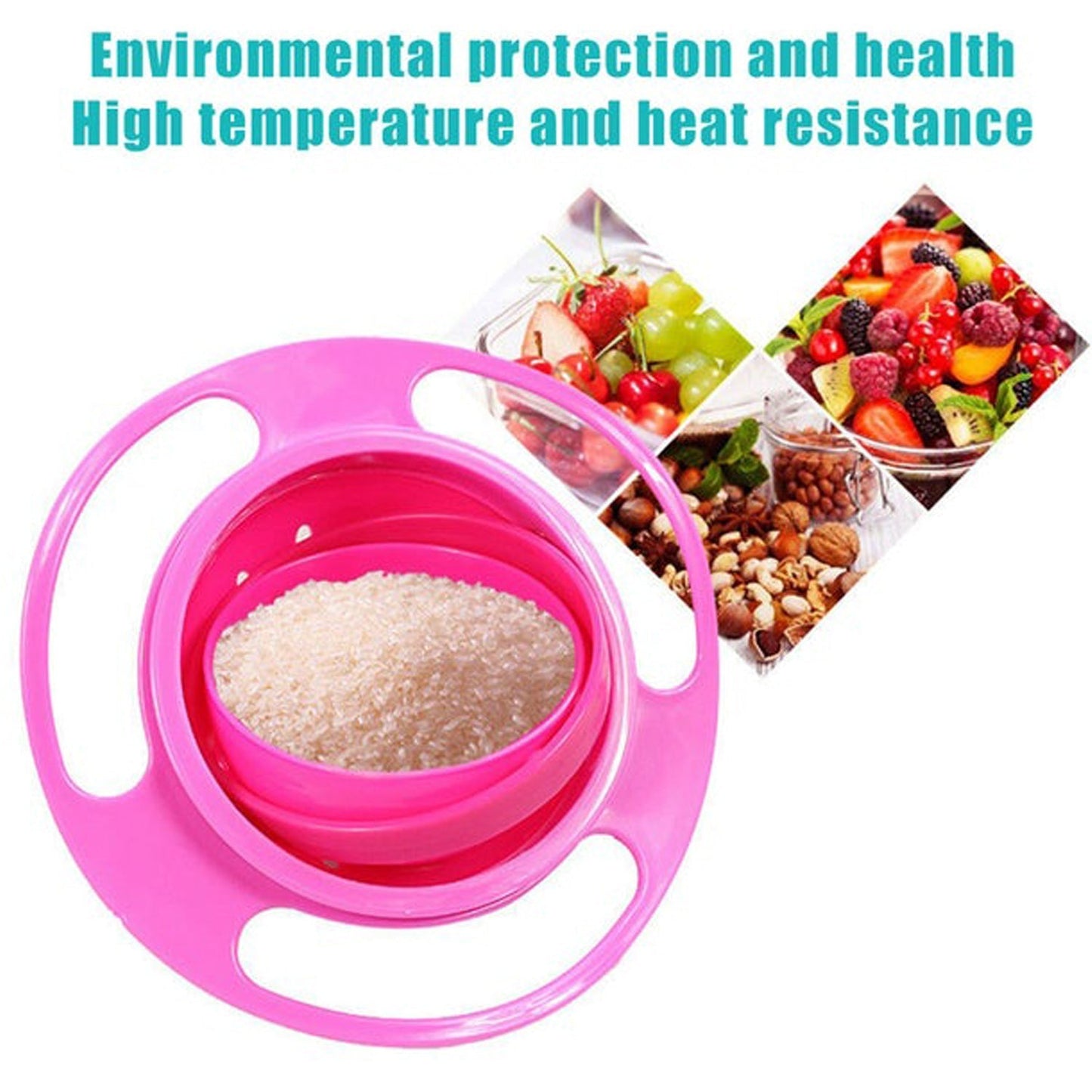 Versatile rotating baby bowl for safe and easy food serving to young children. gyro bowl, rotating baby bowl, spill proof bowl for kids, toddler feeding bowl, 360 degree bowl, baby snack container, kids food bowl, anti-spill dish