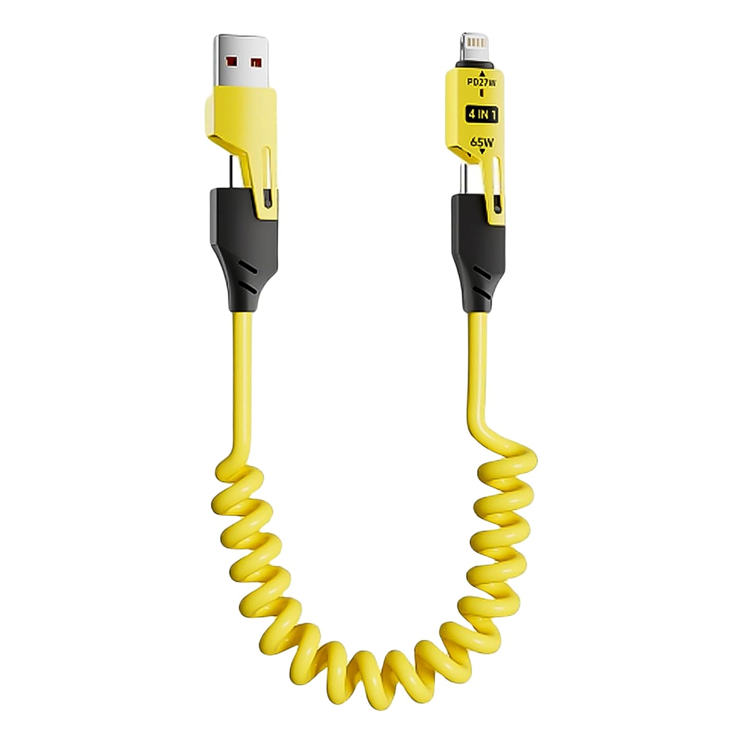 4 in 1 fast charging cable, 65W fast charging USB cable, coiled USB charging cable India, spring cable for fast charging, multi device charging cable 1.5m,