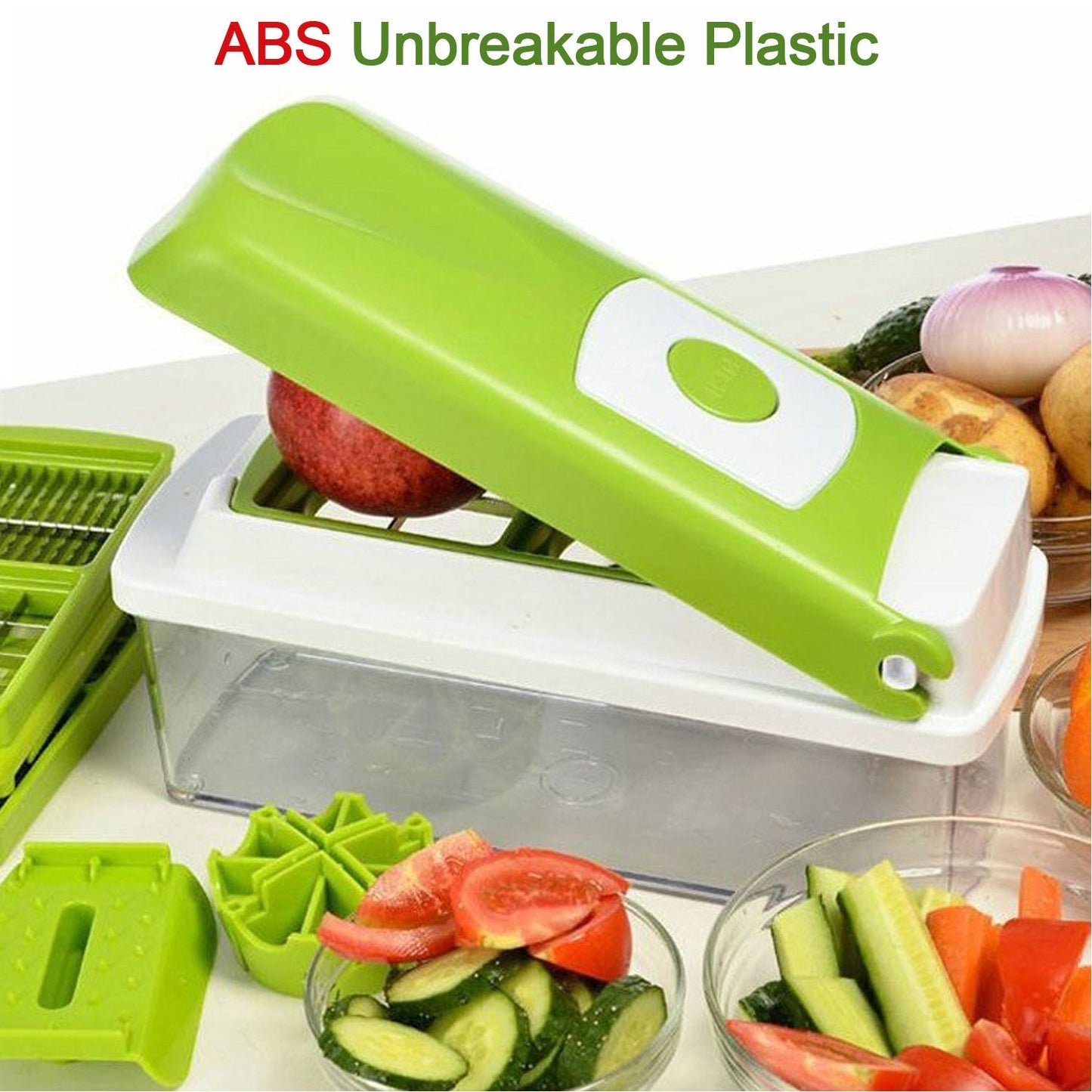 Manual 13-in-1 vegetable grater with different cutting surfaces. vegetable chopper, 13 in 1 chopper, multipurpose cutter, fruit slicer, kitchen grater, vegetable slicer set, kitchen tools combo, plastic chopper with container, stainless steel vegetable cutter, fruit chopper