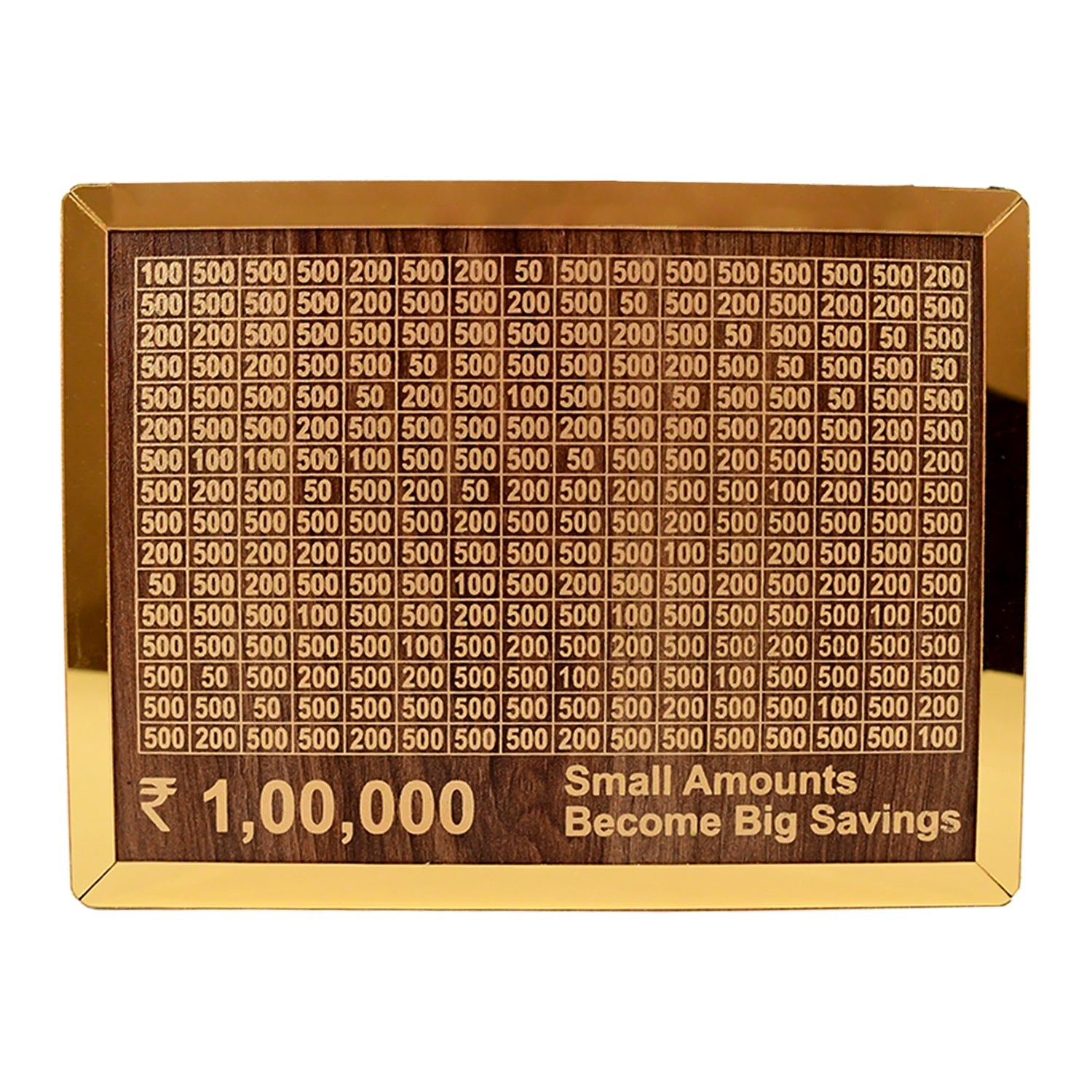 wooden money saving box, goal setting piggy bank India, savings box for children, transparent piggy bank with goal chart,
