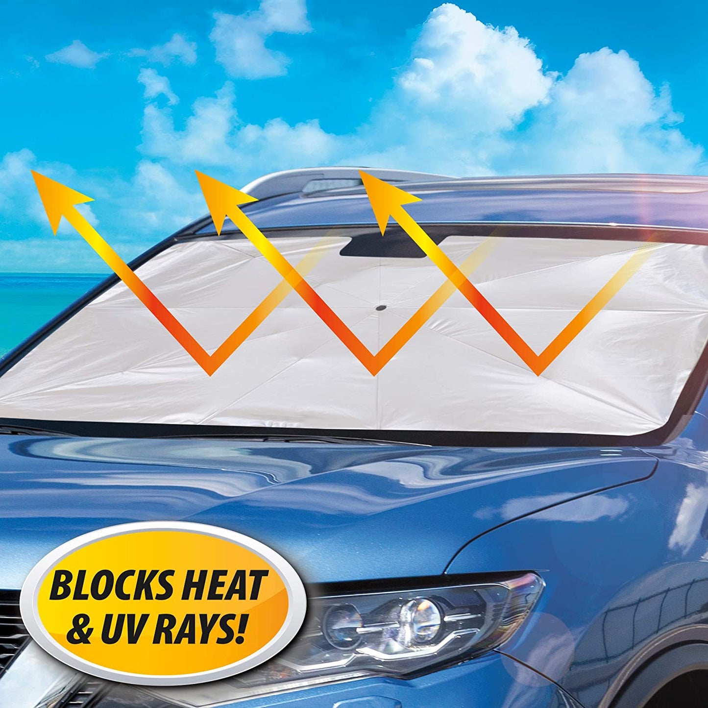 car windshield sunshade, foldable car umbrella, brellashade, car heat protection, UV blocker car shade, windshield umbrella, SUV sunshade, car interior protection