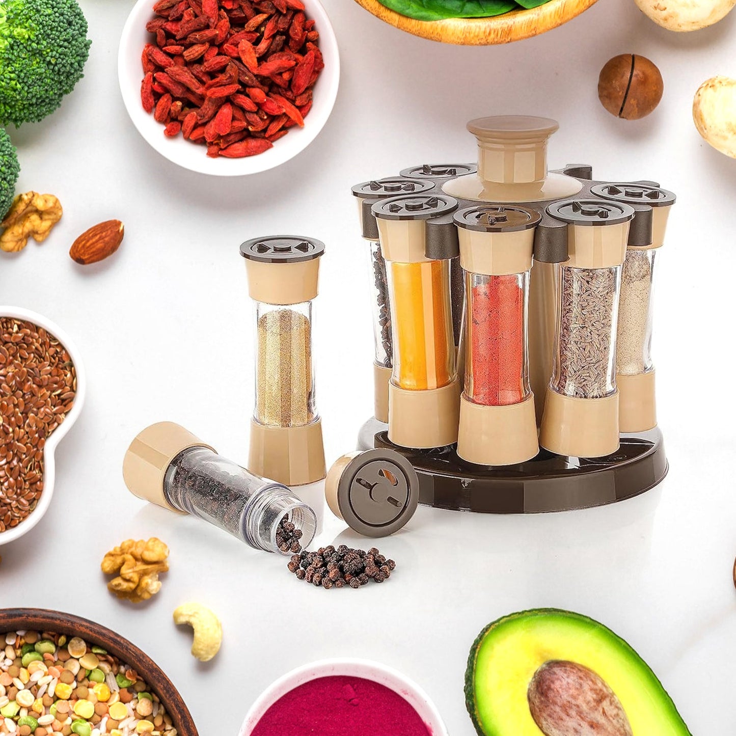 kitchen masala organizer 8 jars, revolving spice jar set, transparent spice containers rack, rotating condiment organizer, countertop spice rack,