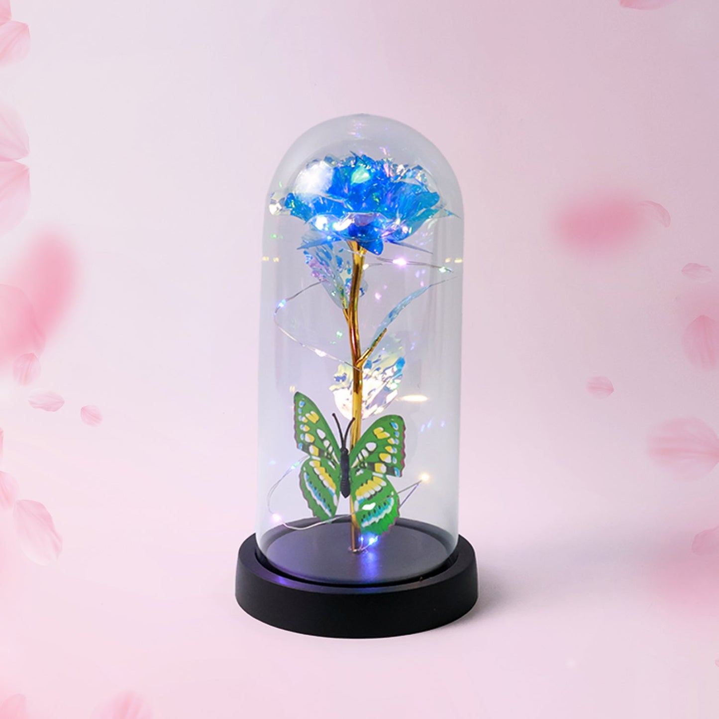 eternal rose with LED light, color changing rose lamp India, plastic dome rose night light, battery operated LED rose lamp, rose night lamp for gift, LED rose light for room decoration,