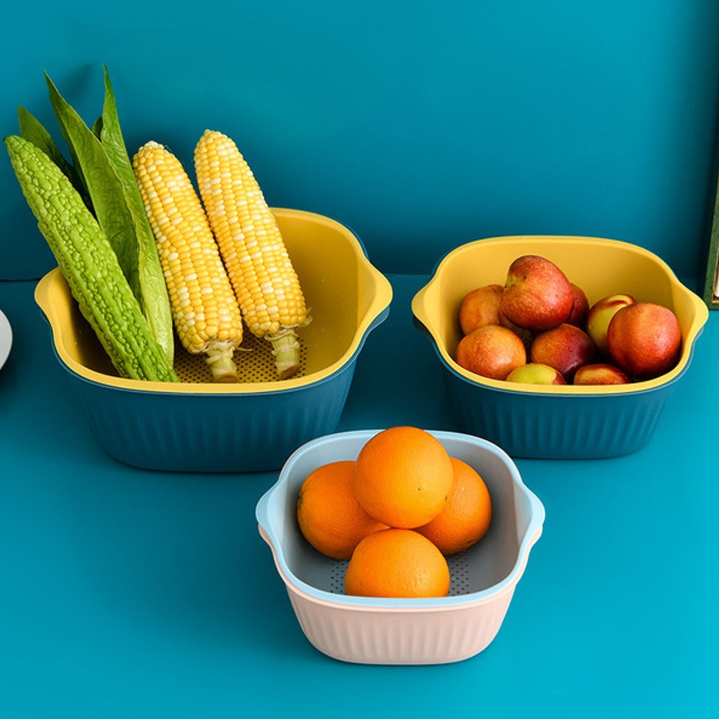 kitchen washing bowl, strainer basket set, plastic drain bowl, 2 pcs kitchen bowl, kitchen colander basket, vegetable strainer, rice washing bowl, fruit rinsing basket