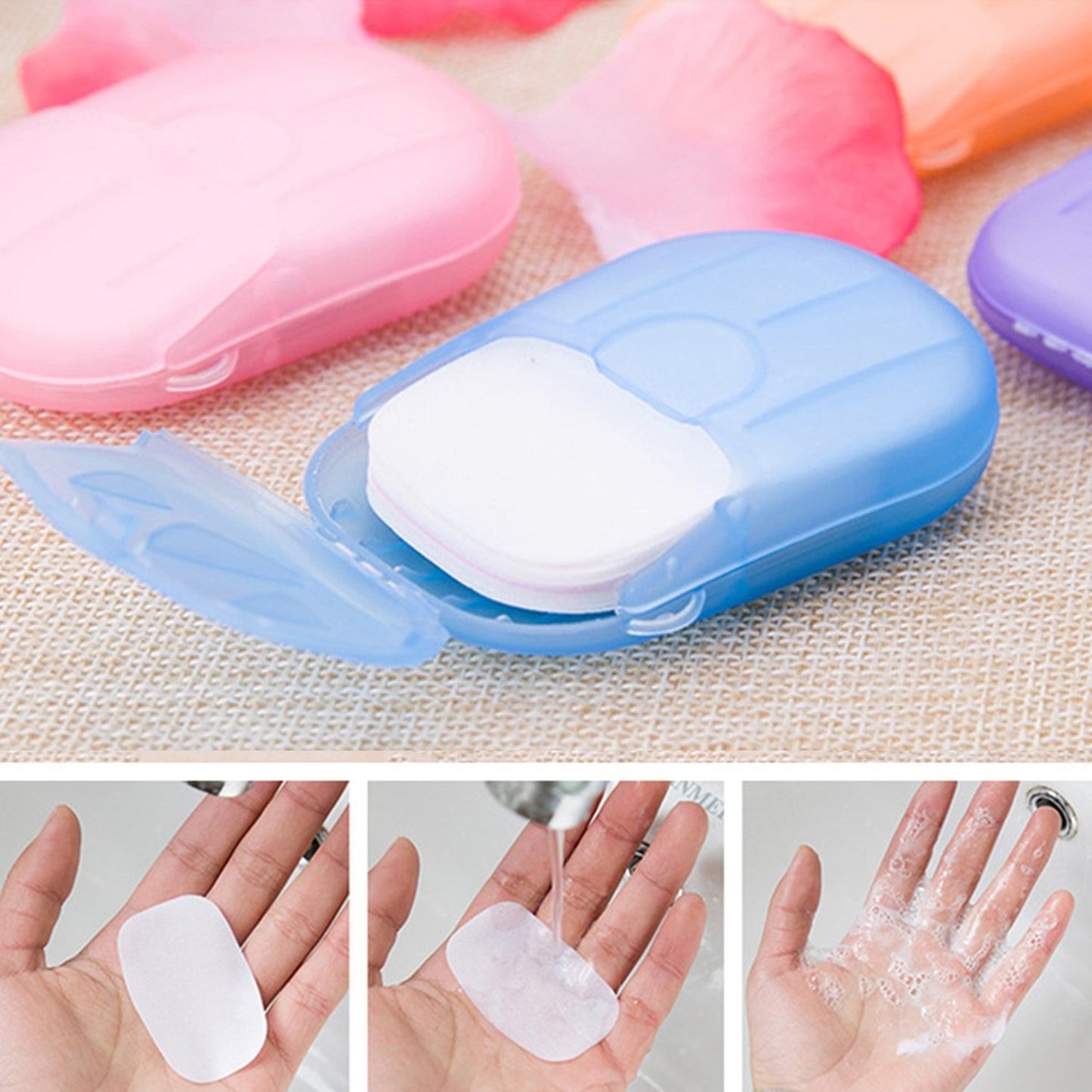 travel paper soap sheets India, mini box paper soap for travel, 20 sheet paper soap pack mix color, portable handwash paper soap for outdoor
