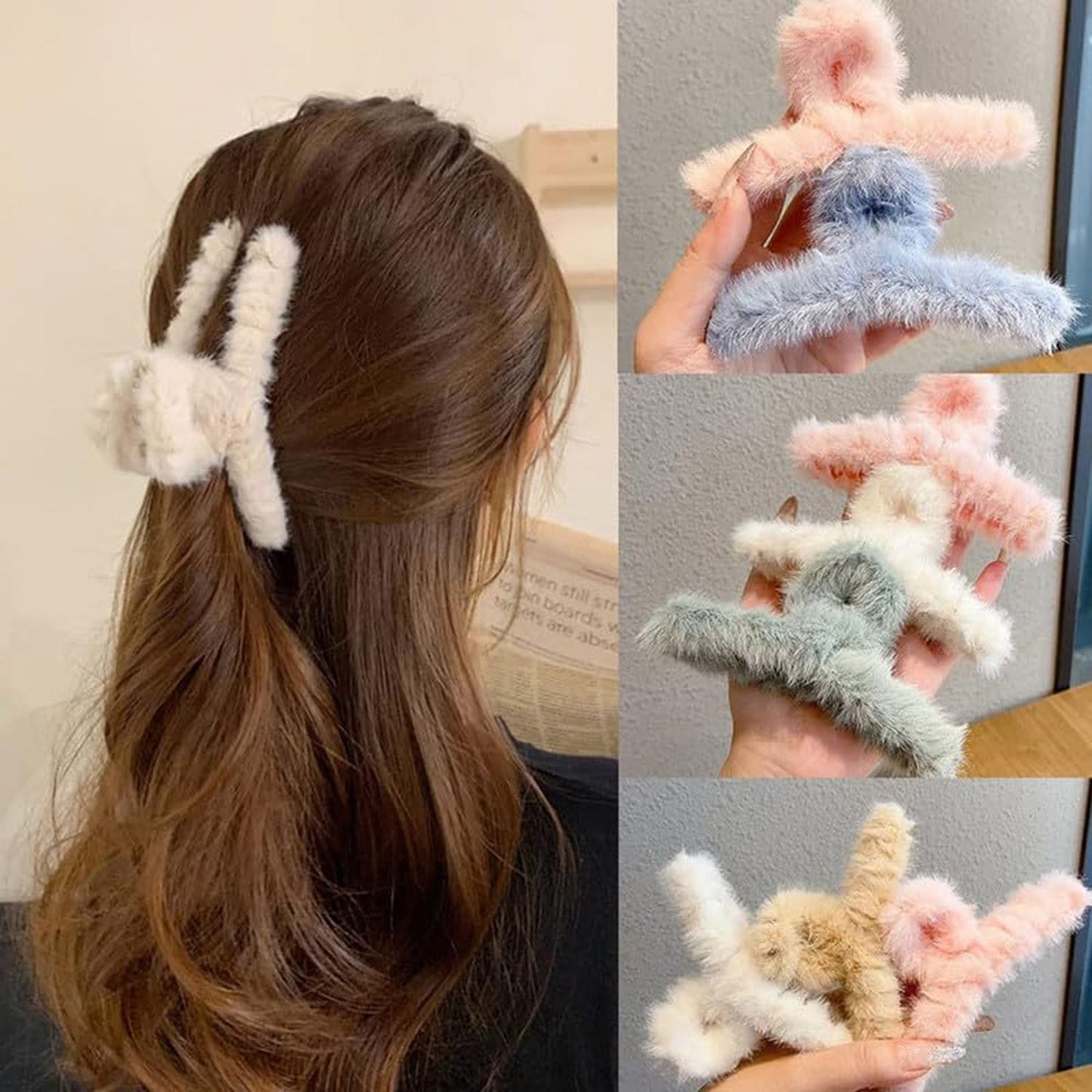 cute fluffy hair clips for college girls, winter hair accessories India, large fuzzy hair claw for party hairstyle,