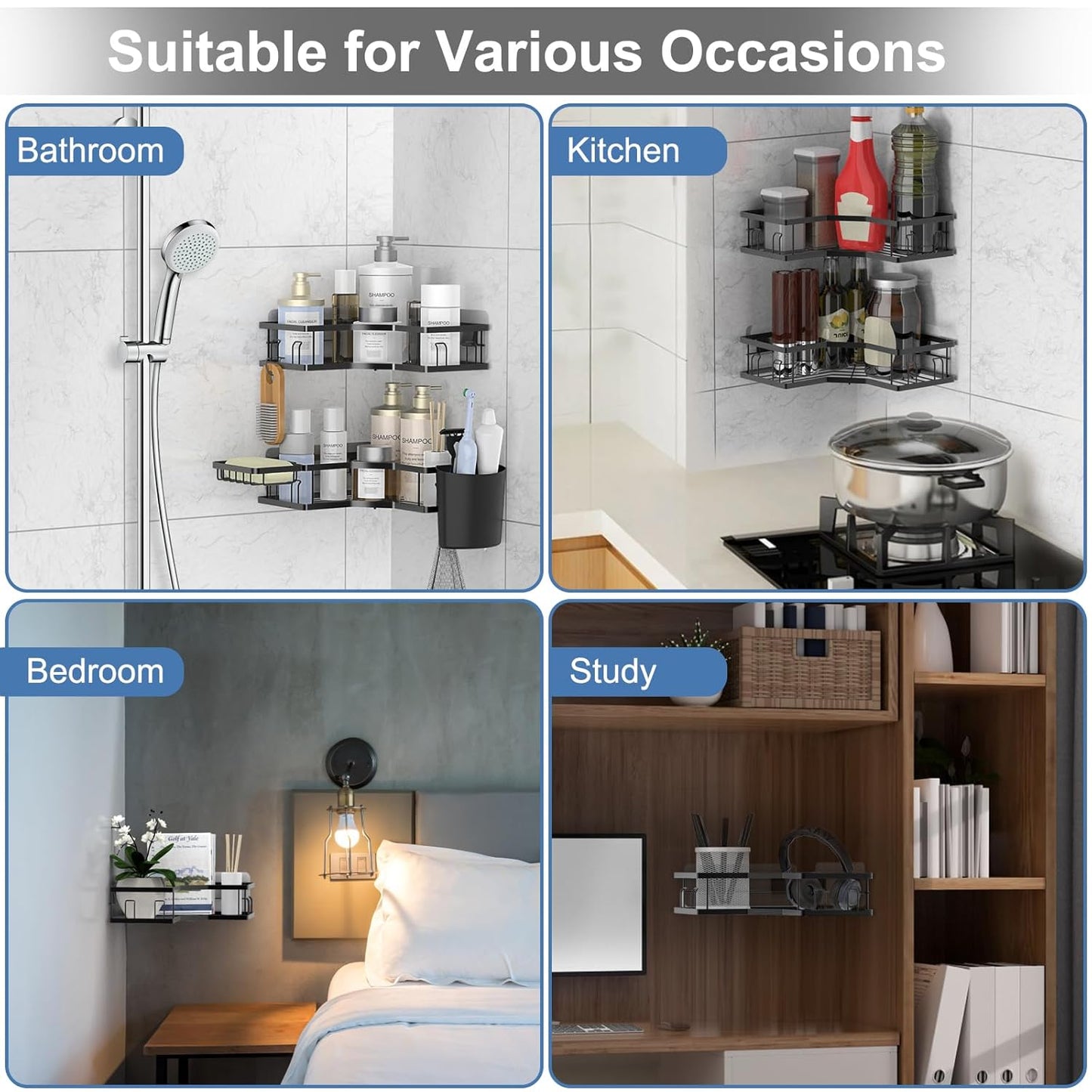 easy install adhesive shelf for toiletries and bottles, multipurpose corner shelf organizer for wall storage, bathroom shelf without drilling holes, kitchen corner rack adhesive mount, heavy duty iron corner organizer for daily use