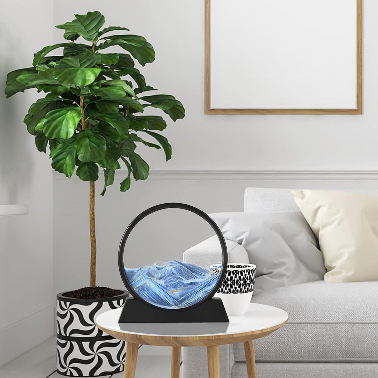 round 3D moving sand art with deep sea sandscape in glass, liquid motion sandscape round frame desktop decor, deep sea quicksand art in circular glass frame, soothing sand art picture with flowing grains in round frame