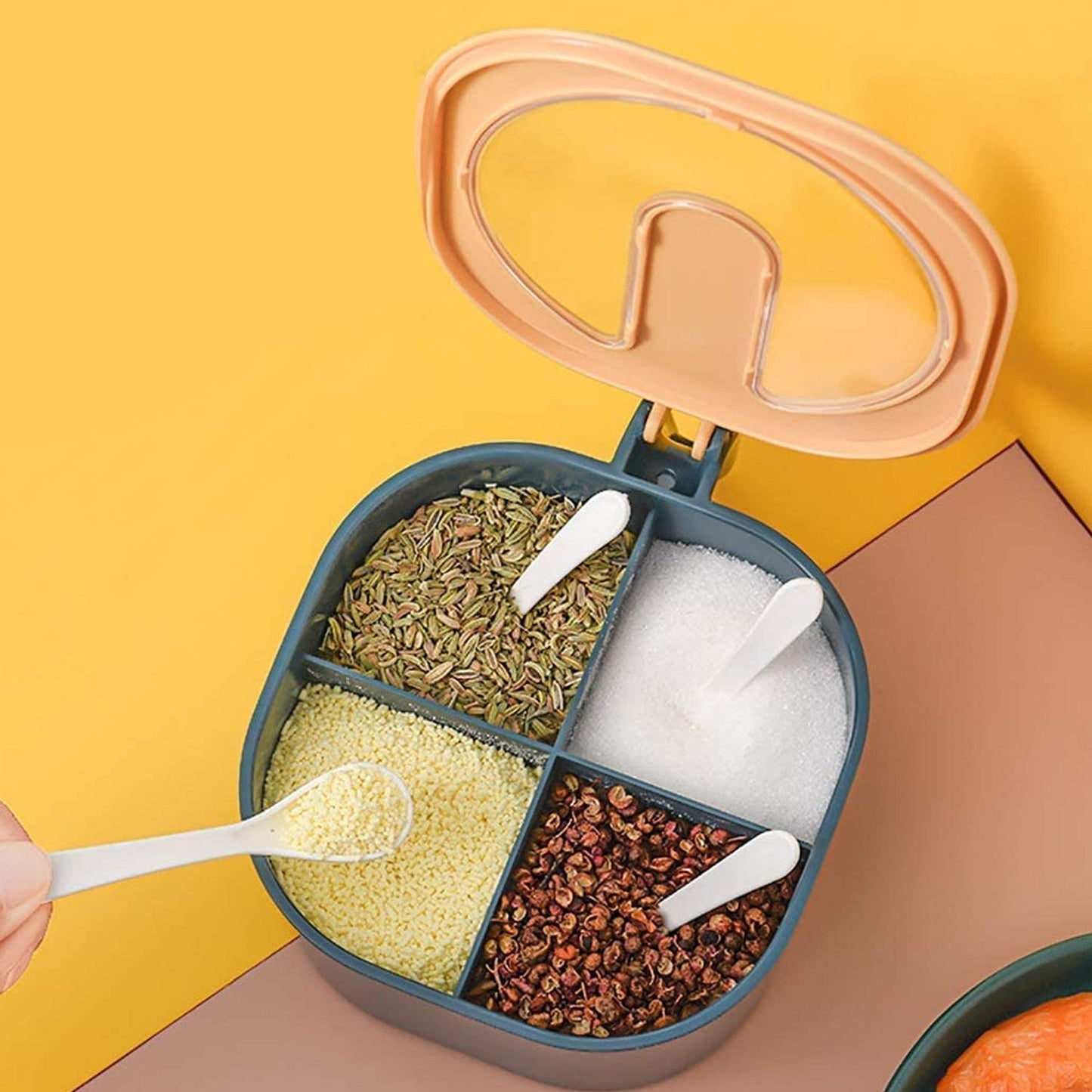 masala box 4 section, spice container for kitchen, plastic masala dani, fancy masala box, kitchen spice organizer, compact masala storage box