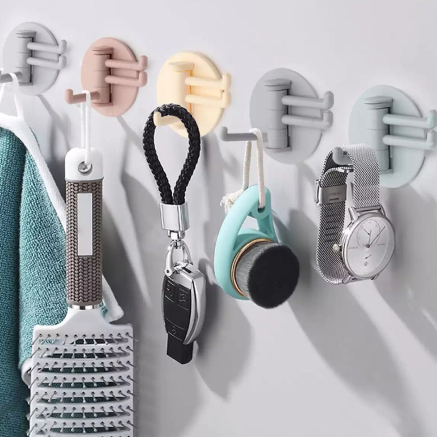 Sticky hook with 3 hooks for bathroom or kitchen organization, foldable sticky hook, 180 degree wall hook, punch-free hook, strong adhesive hook, rotatable bathroom hook, space-saving kitchen hook, ABS hook organizer