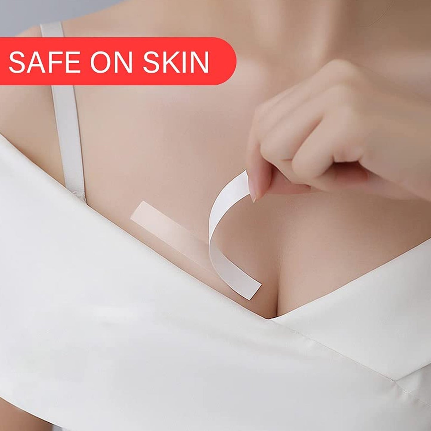 Transparent adhesive tape, double-sided, disposable, anti-skid, for lingerie applications. transparent body tape, double sided fashion tape, lingerie tape, saree blouse tape, anti-skid body adhesive, fashion fix tape, wardrobe malfunction tape