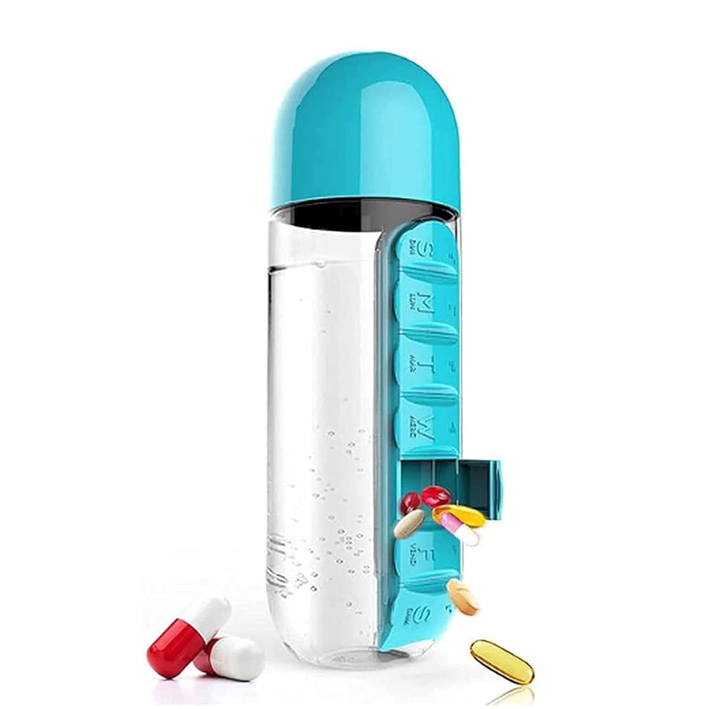 pill box integrated hydration bottle for medication, multi-purpose water bottle with medicine storage, pill container water bottle for seniors and travelers, 2-in-1 water bottle and pill organizer online India, portable supplement and water bottle for health-conscious users, water bottle with built-in pill divider for daily meds,