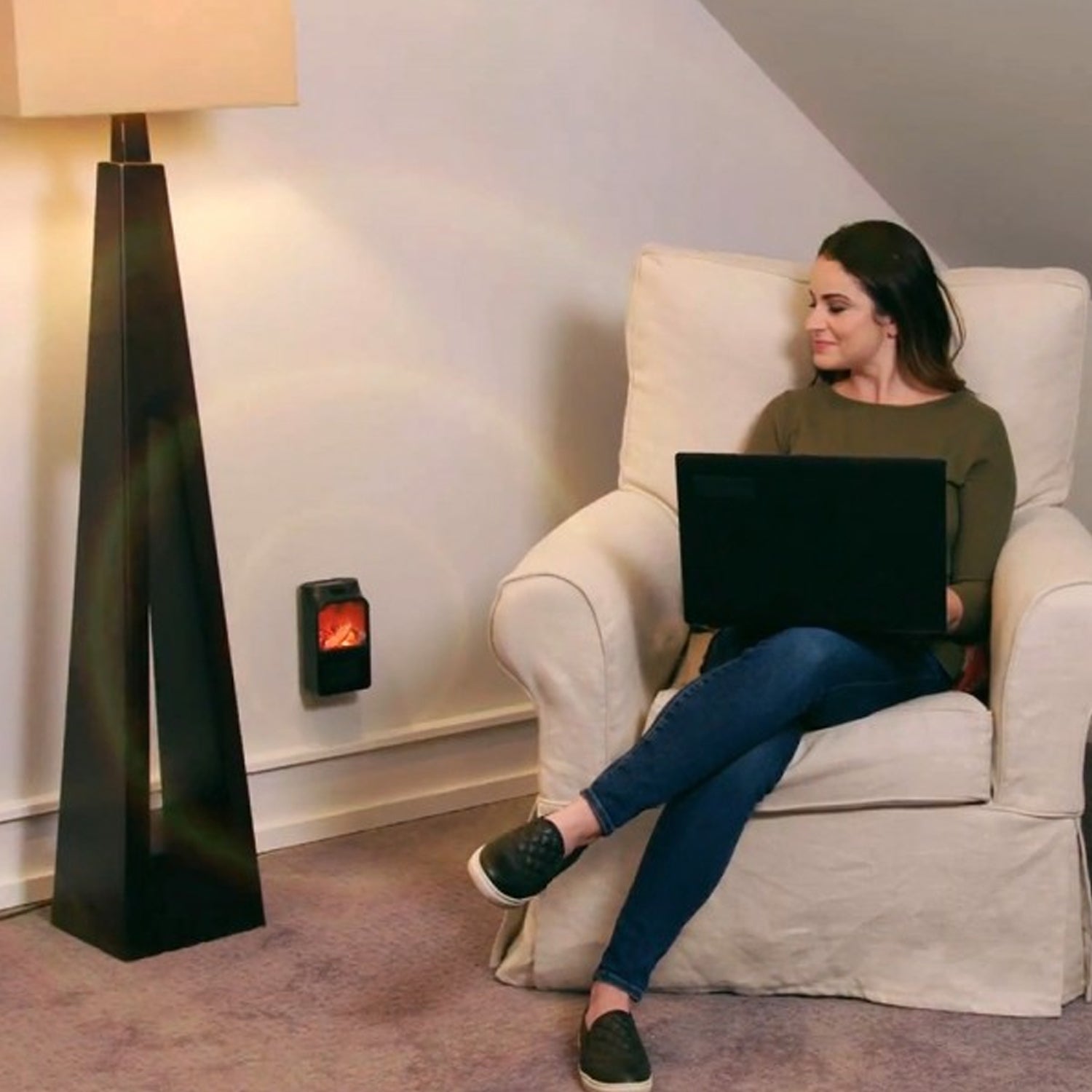 portable heater with LED fireplace look, winter heating lamp with safe electric flame