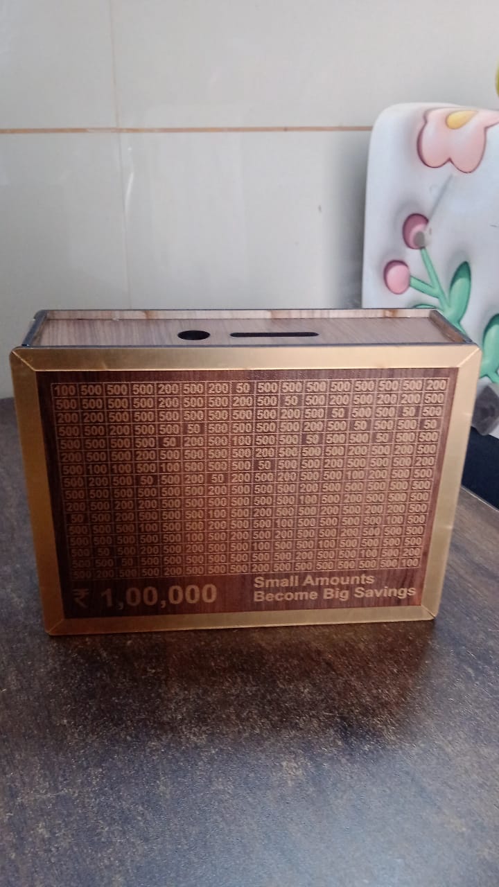 money saving challenge box India, wooden piggy bank with lock, gift money box for kids, piggy bank for goal-based saving