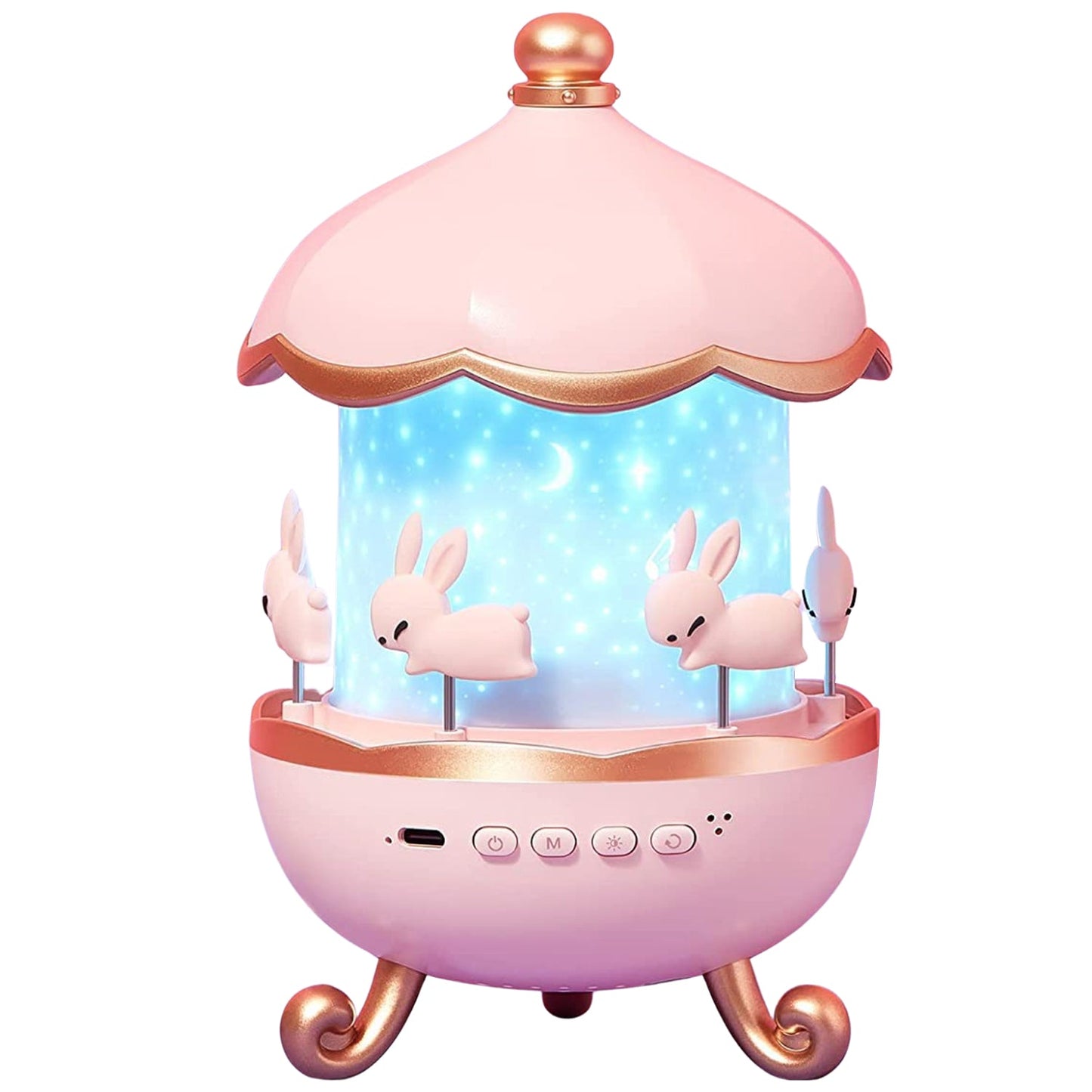 bunny themed night light with soft rotating lights, dreamy star projector with bunny carousel for home décor