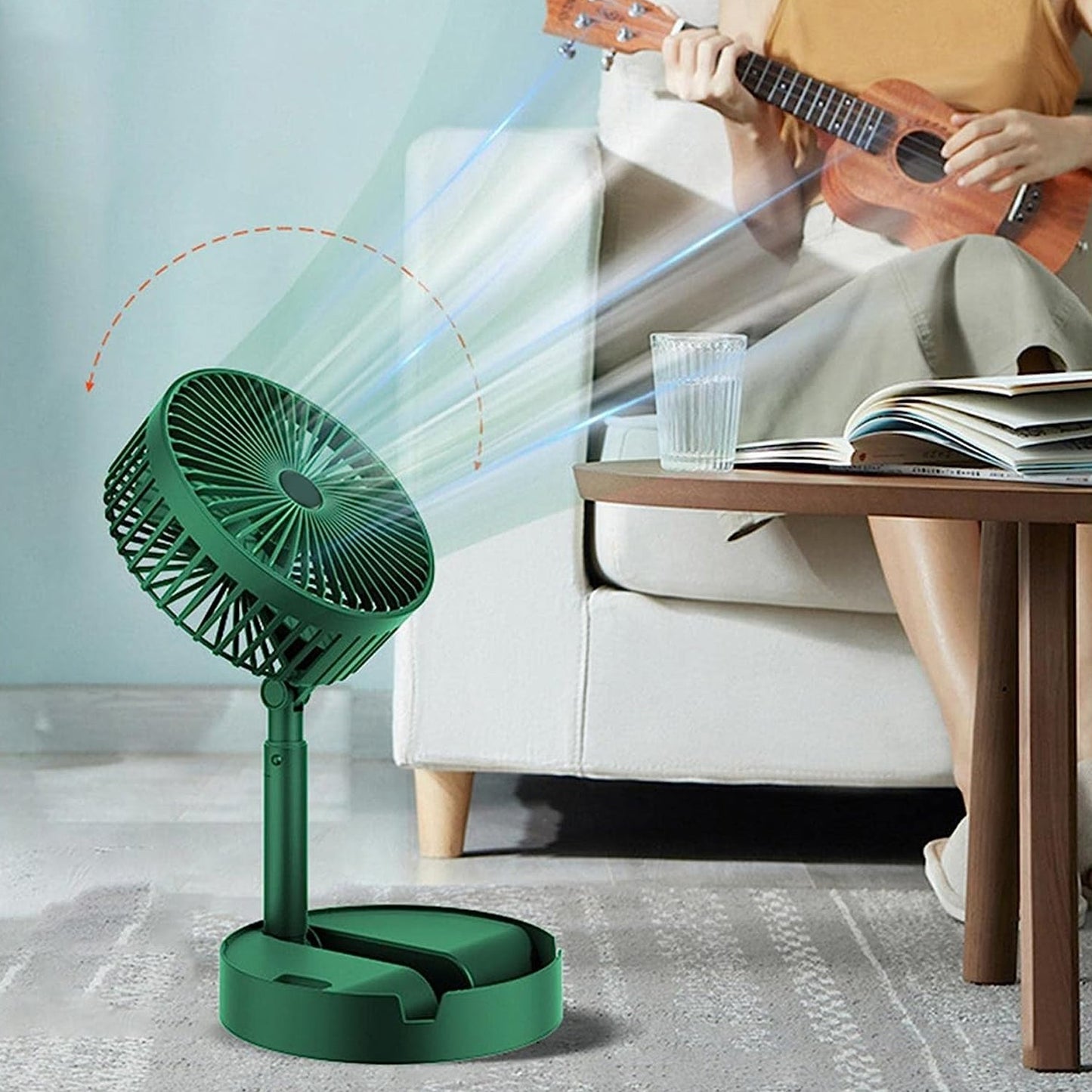 Portable and foldable electric fan for travel. foldable desktop fan, USB table fan, telescopic fan, silent desk fan, portable travel fan, adjustable height fan, mini table fan, personal fan