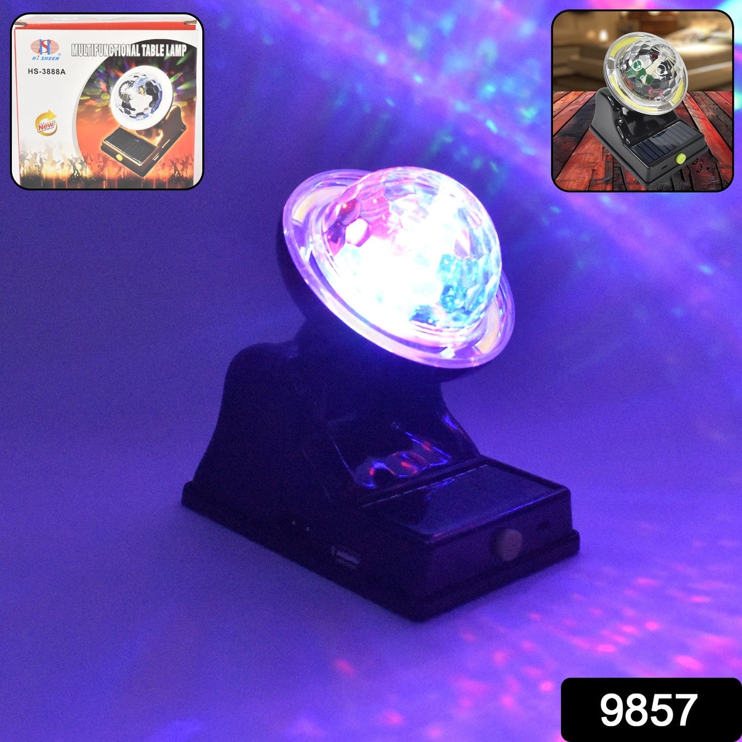 colorful LED solar disco lamp for night parties, solar disco light with rotating colorful beams, compact solar powered light for celebrations, energy-saving solar disco ball for home décor, solar LED disco light for Diwali and birthday events